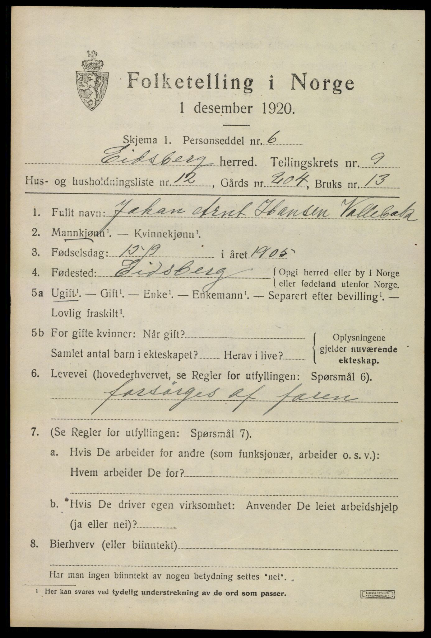 SAO, 1920 census for Eidsberg, 1920, p. 10595