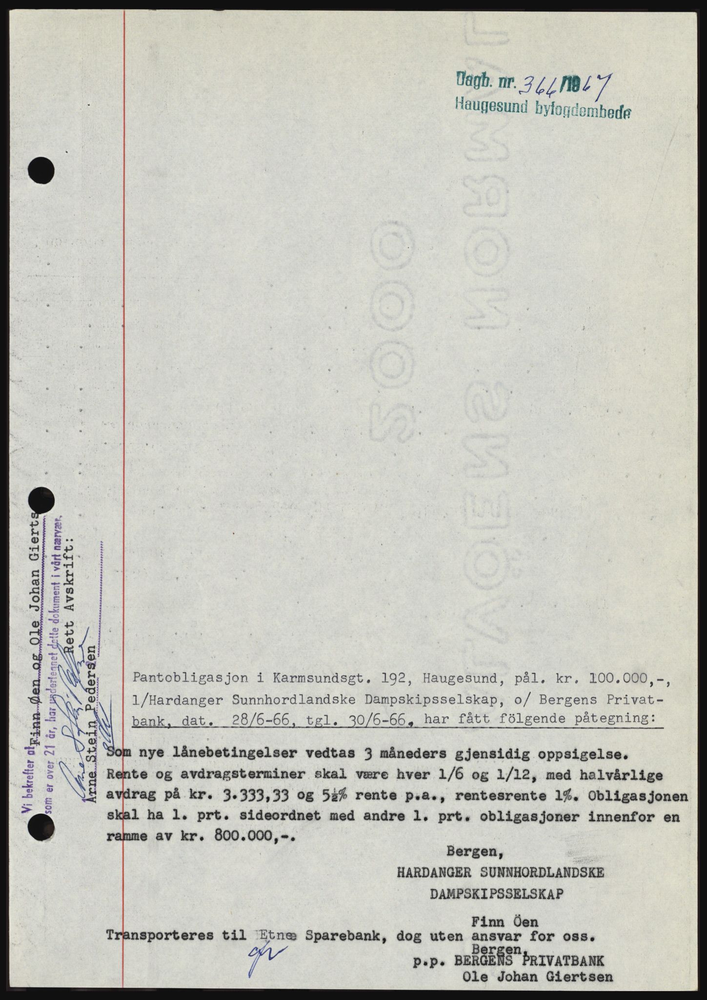 Haugesund tingrett, SAST/A-101415/01/II/IIC/L0056: Mortgage book no. B 56, 1966-1967, Diary no: : 366/1967