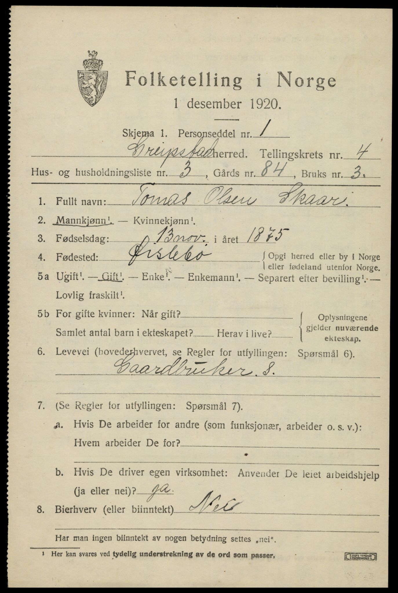 SAK, 1920 census for Greipstad, 1920, p. 1524