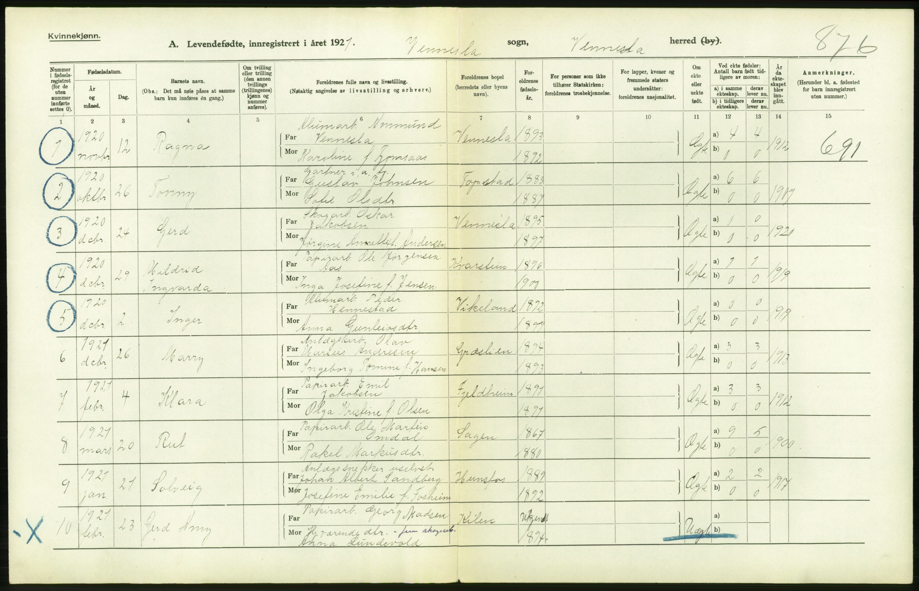 Statistisk sentralbyrå, Sosiodemografiske emner, Befolkning, AV/RA-S-2228/D/Df/Dfc/Dfca/L0026: Vest-Agder fylke: Levendefødte menn og kvinner. Bygder og byer., 1921, p. 196