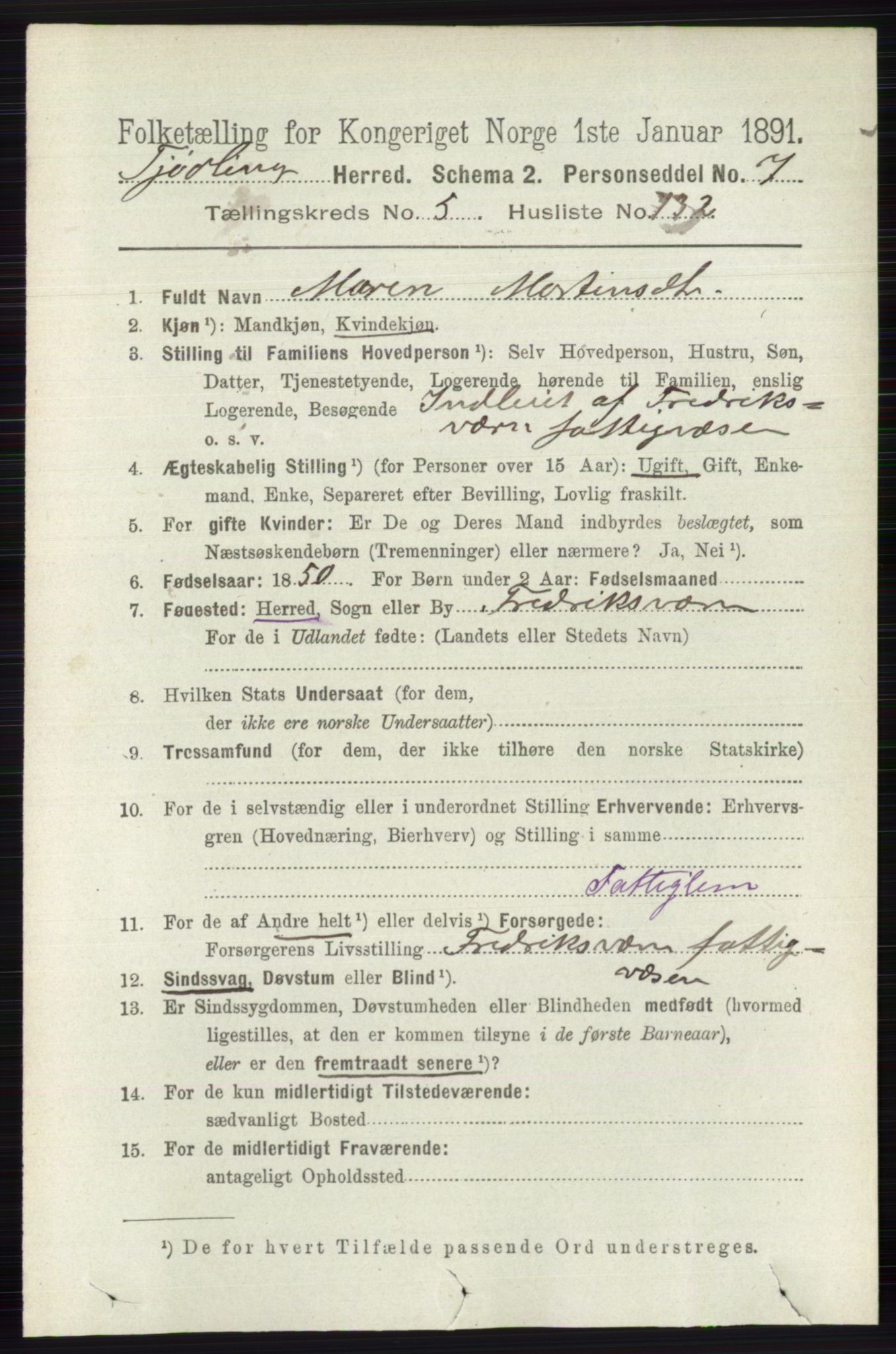 RA, 1891 census for 0725 Tjølling, 1891, p. 2783