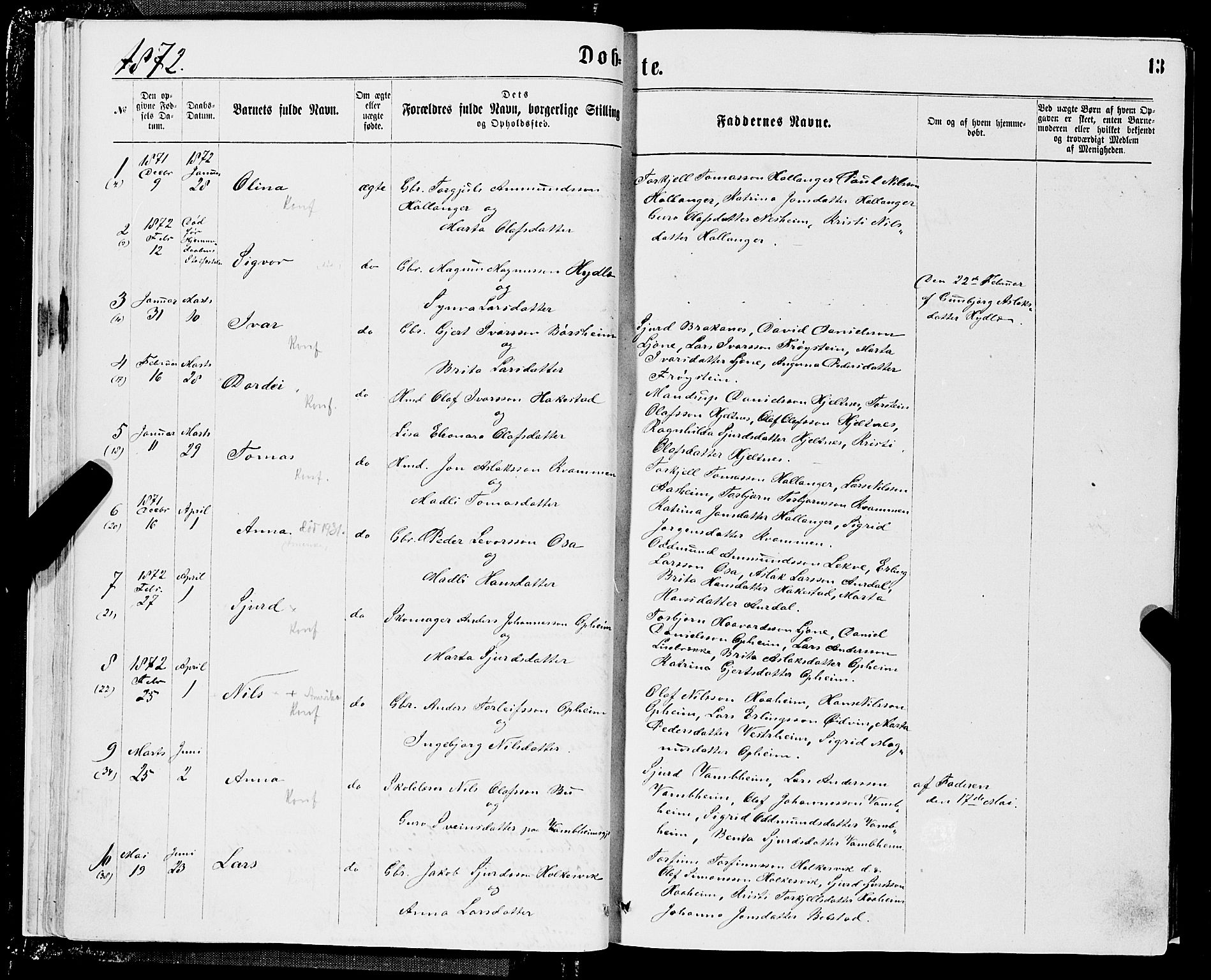 Ulvik sokneprestembete, SAB/A-78801/H/Hab: Parish register (copy) no. A 2, 1869-1882, p. 13