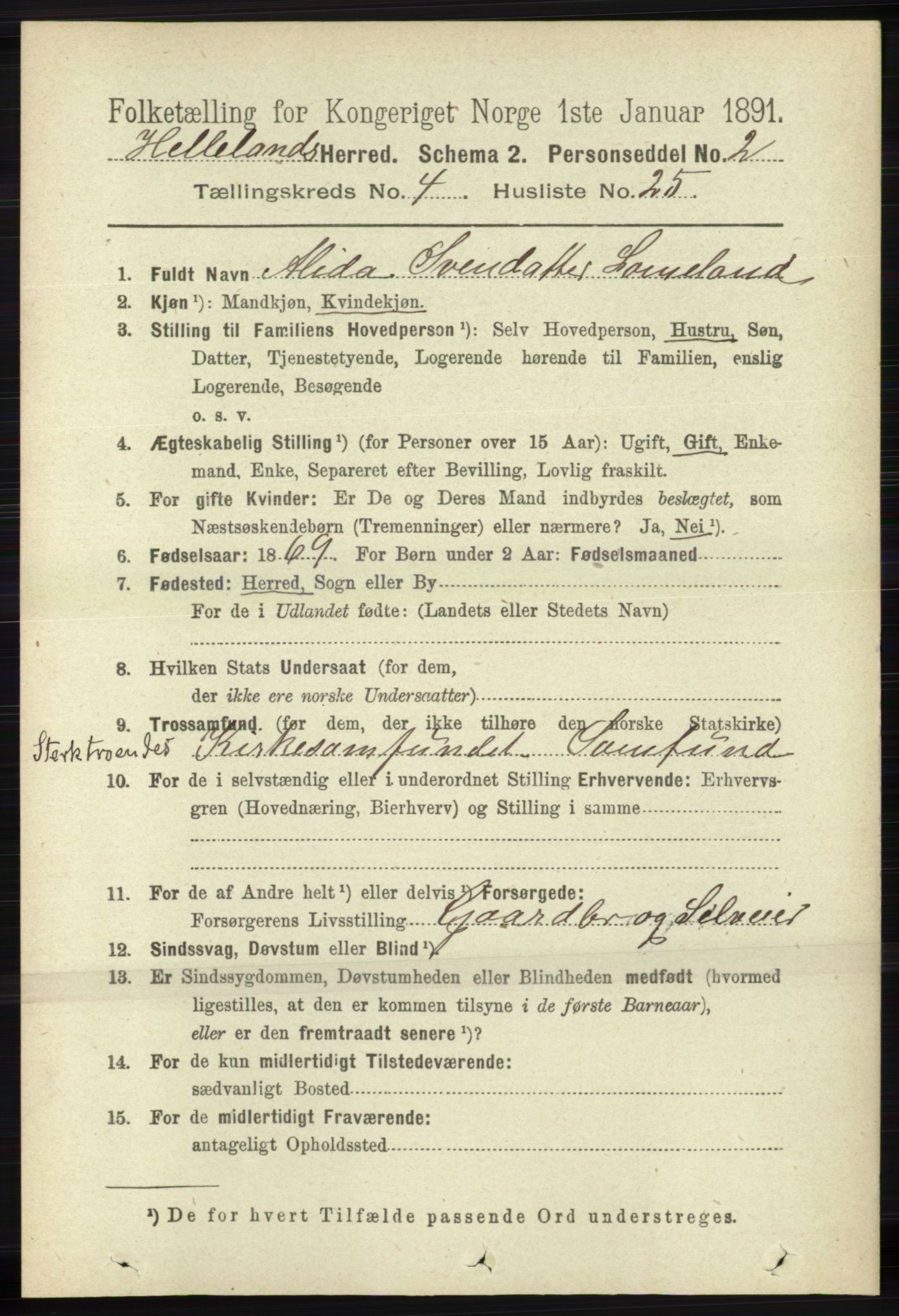RA, 1891 census for 1115 Helleland, 1891, p. 1311