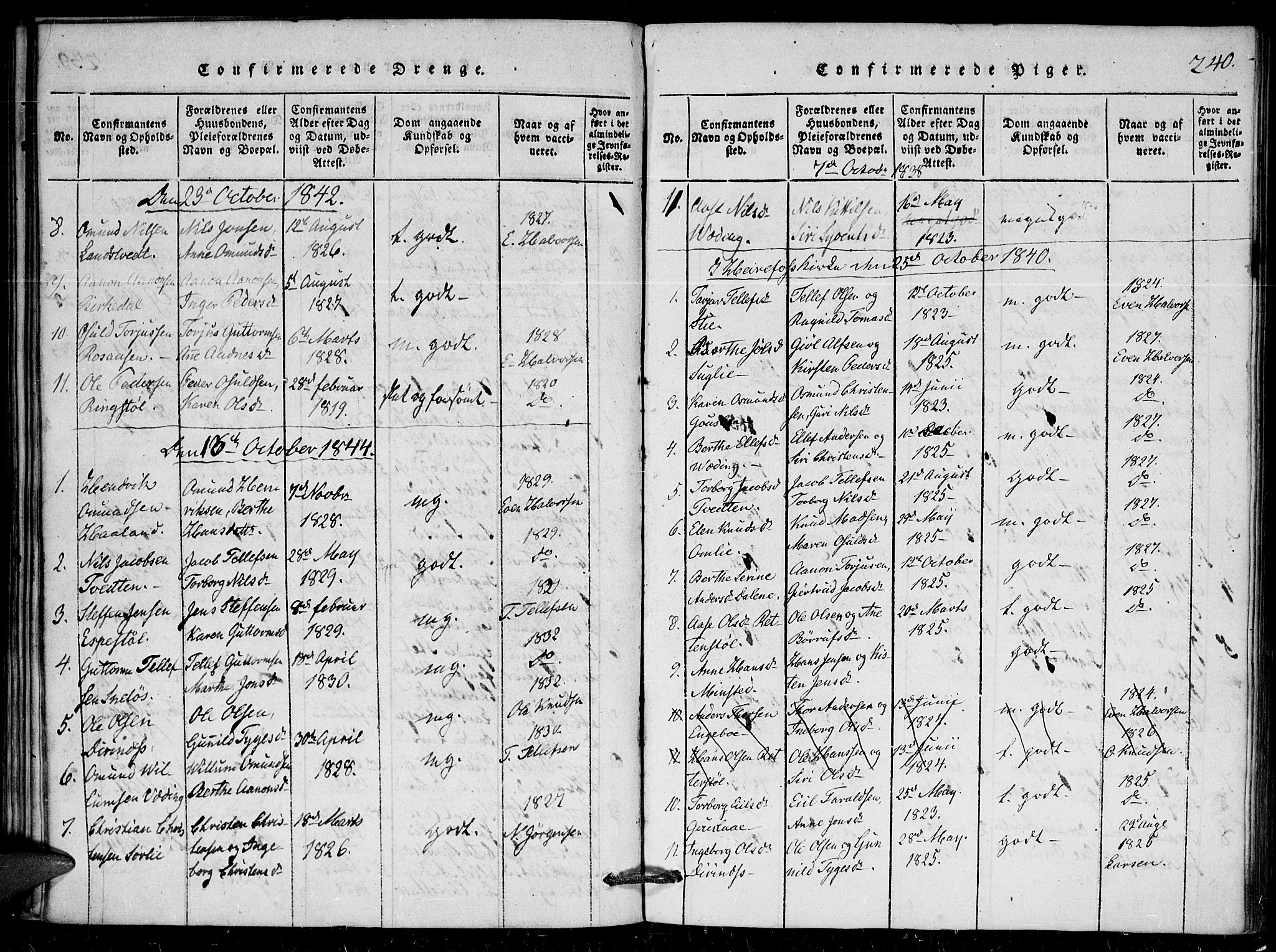 Herefoss sokneprestkontor, AV/SAK-1111-0019/F/Fa/Faa/L0001: Parish register (official) no. A 1, 1816-1860, p. 240