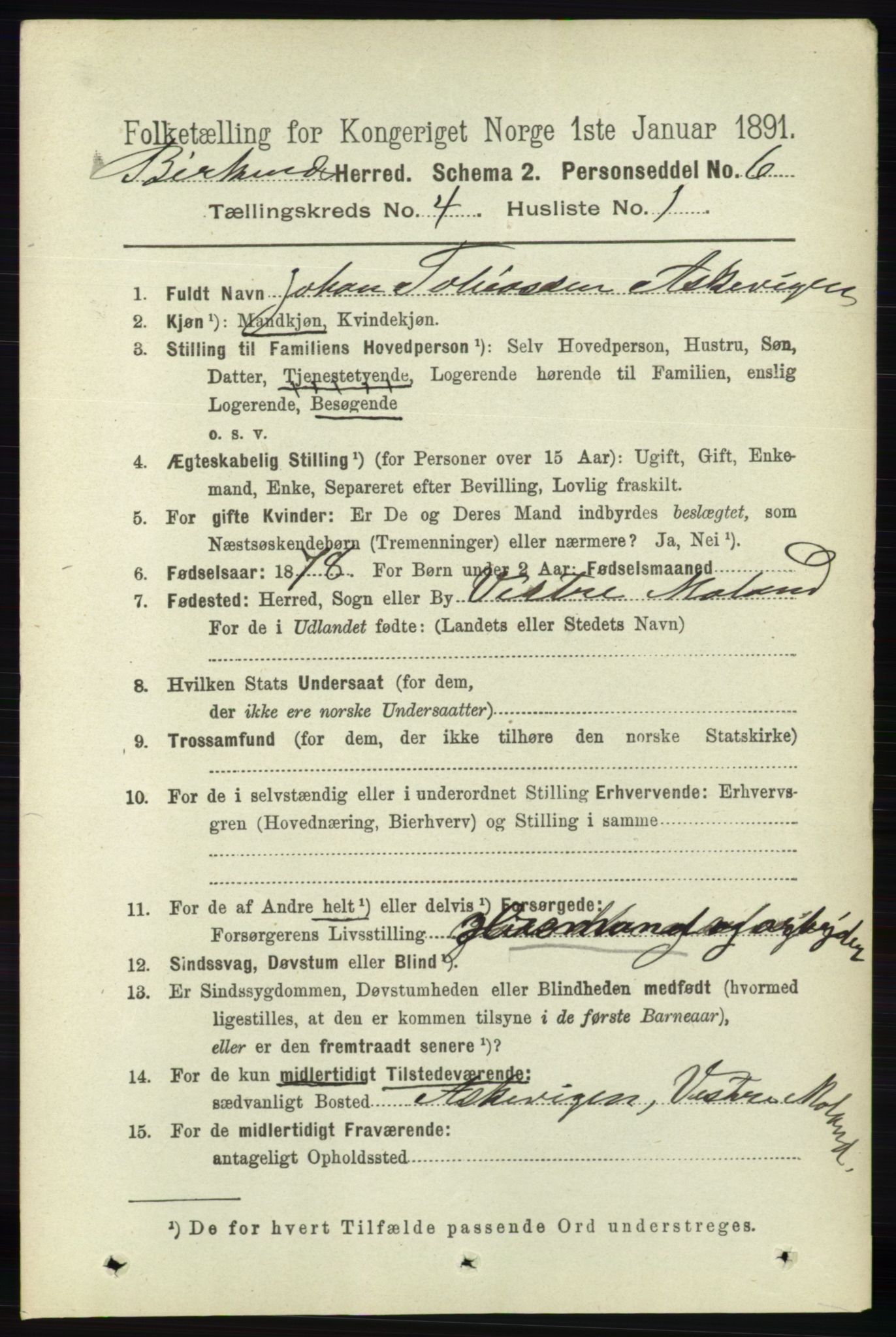 RA, 1891 Census for 0928 Birkenes, 1891, p. 1253