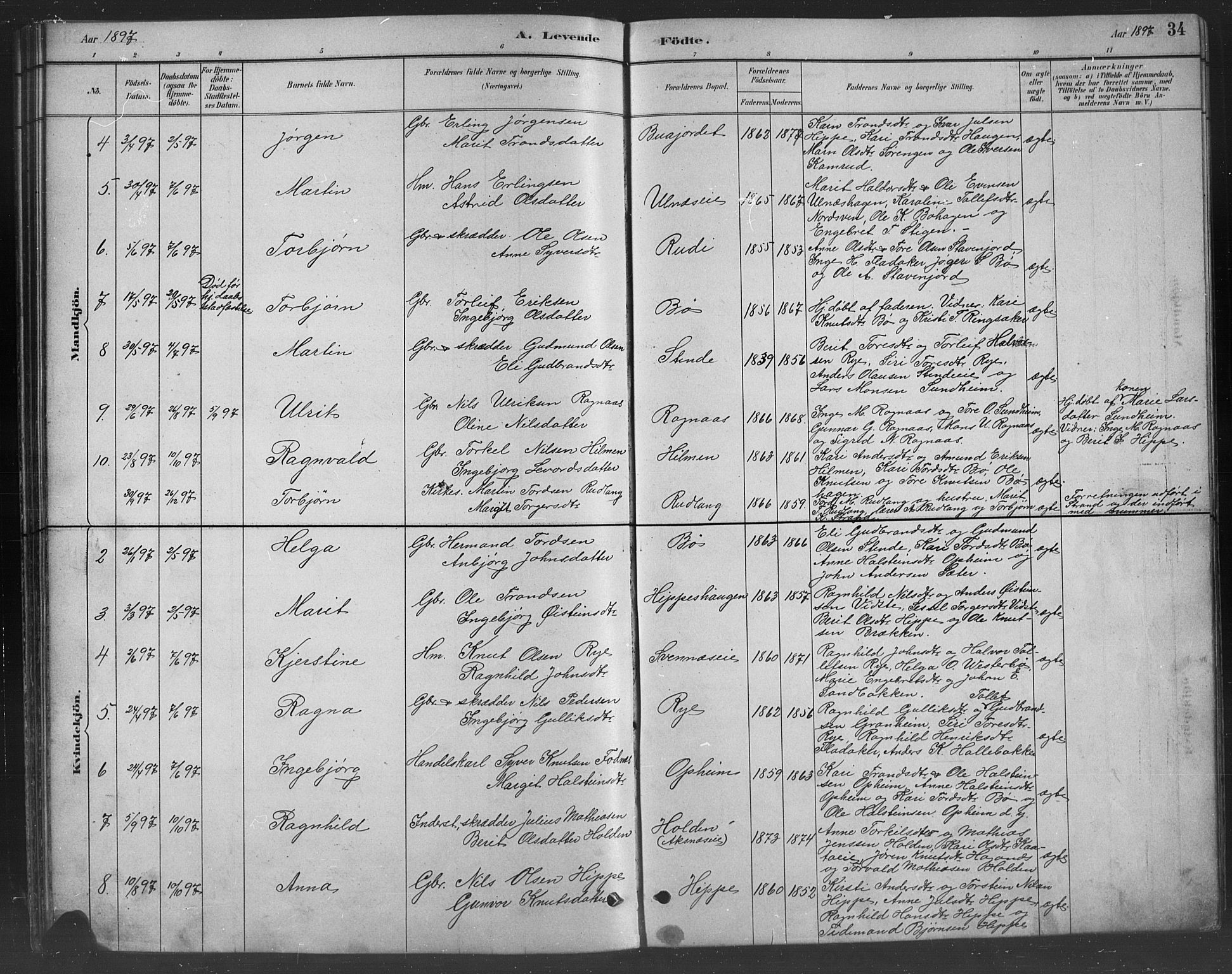 Nord-Aurdal prestekontor, SAH/PREST-132/H/Ha/Hab/L0008: Parish register (copy) no. 8, 1883-1916, p. 34