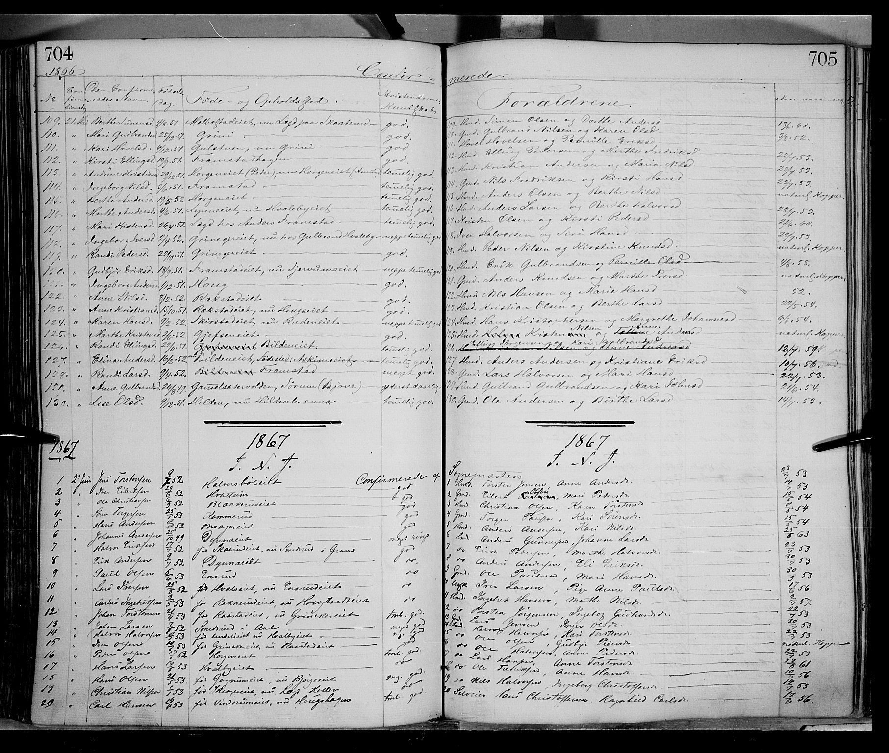 Gran prestekontor, SAH/PREST-112/H/Ha/Haa/L0012: Parish register (official) no. 12, 1856-1874, p. 704-705