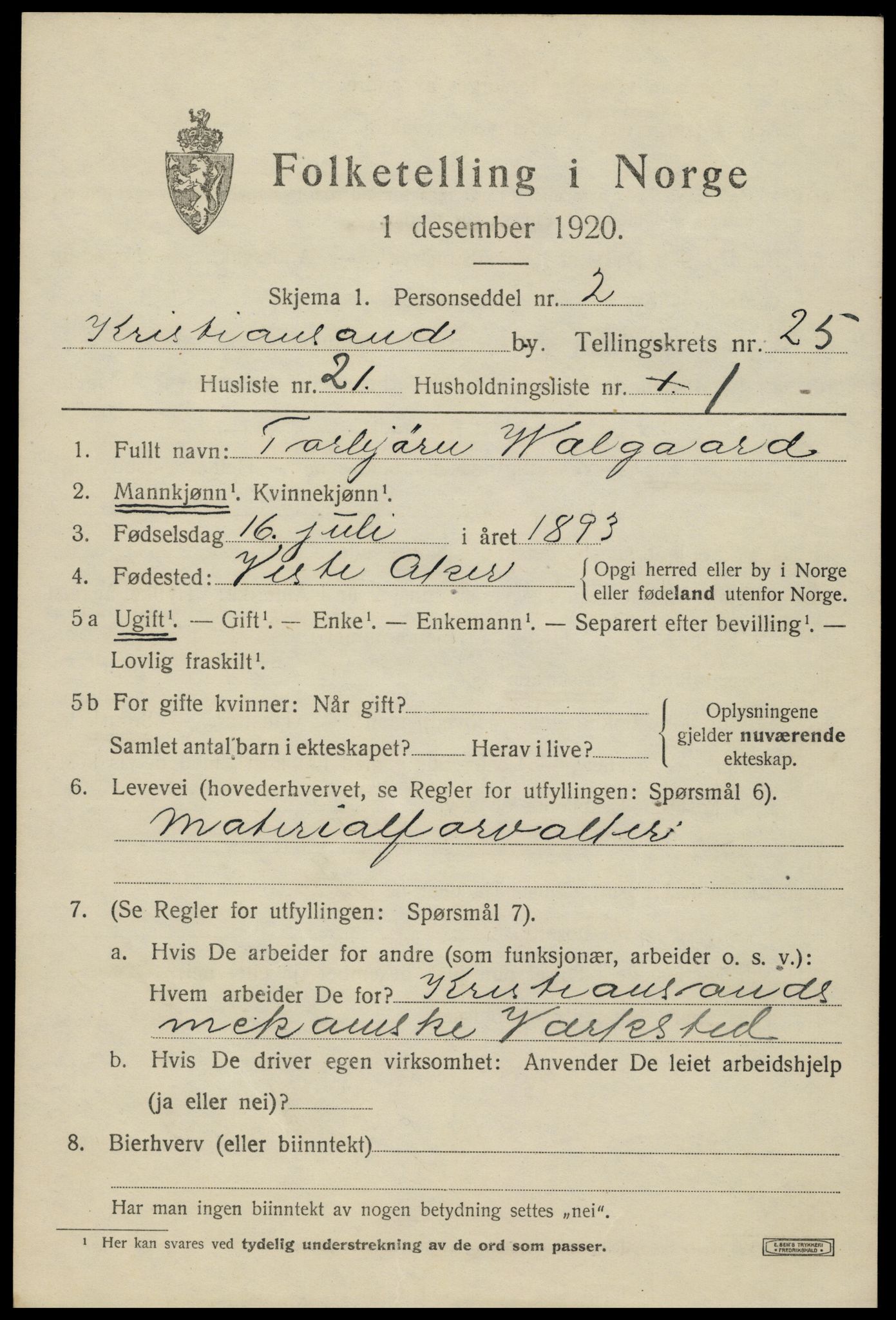 SAK, 1920 census for Kristiansand, 1920, p. 44015