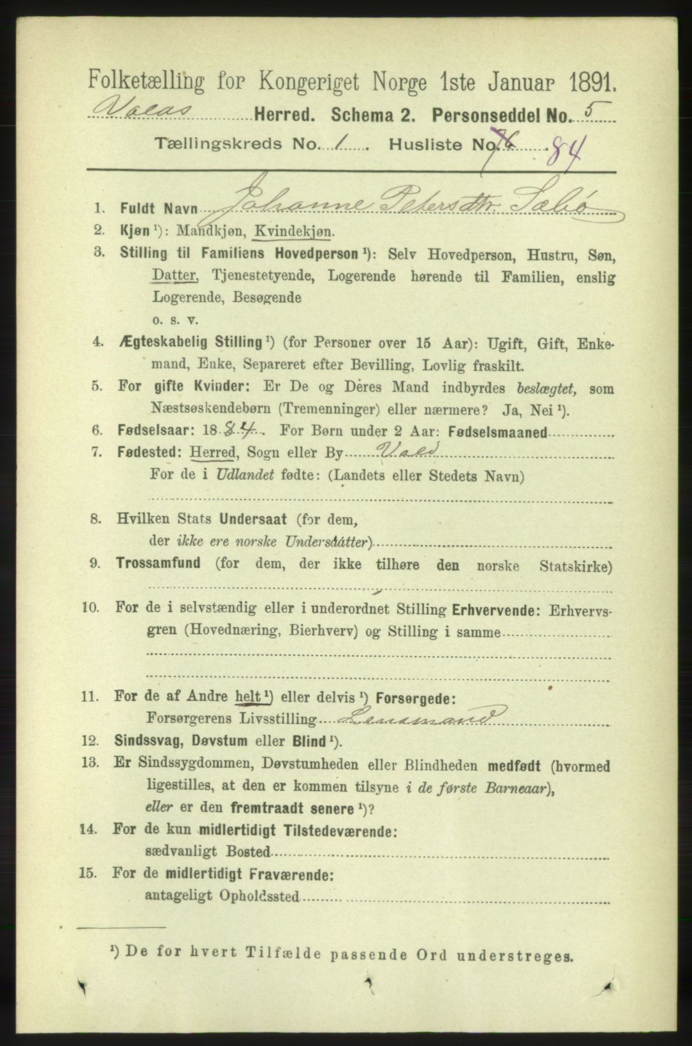 RA, 1891 census for 1537 Voll, 1891, p. 643