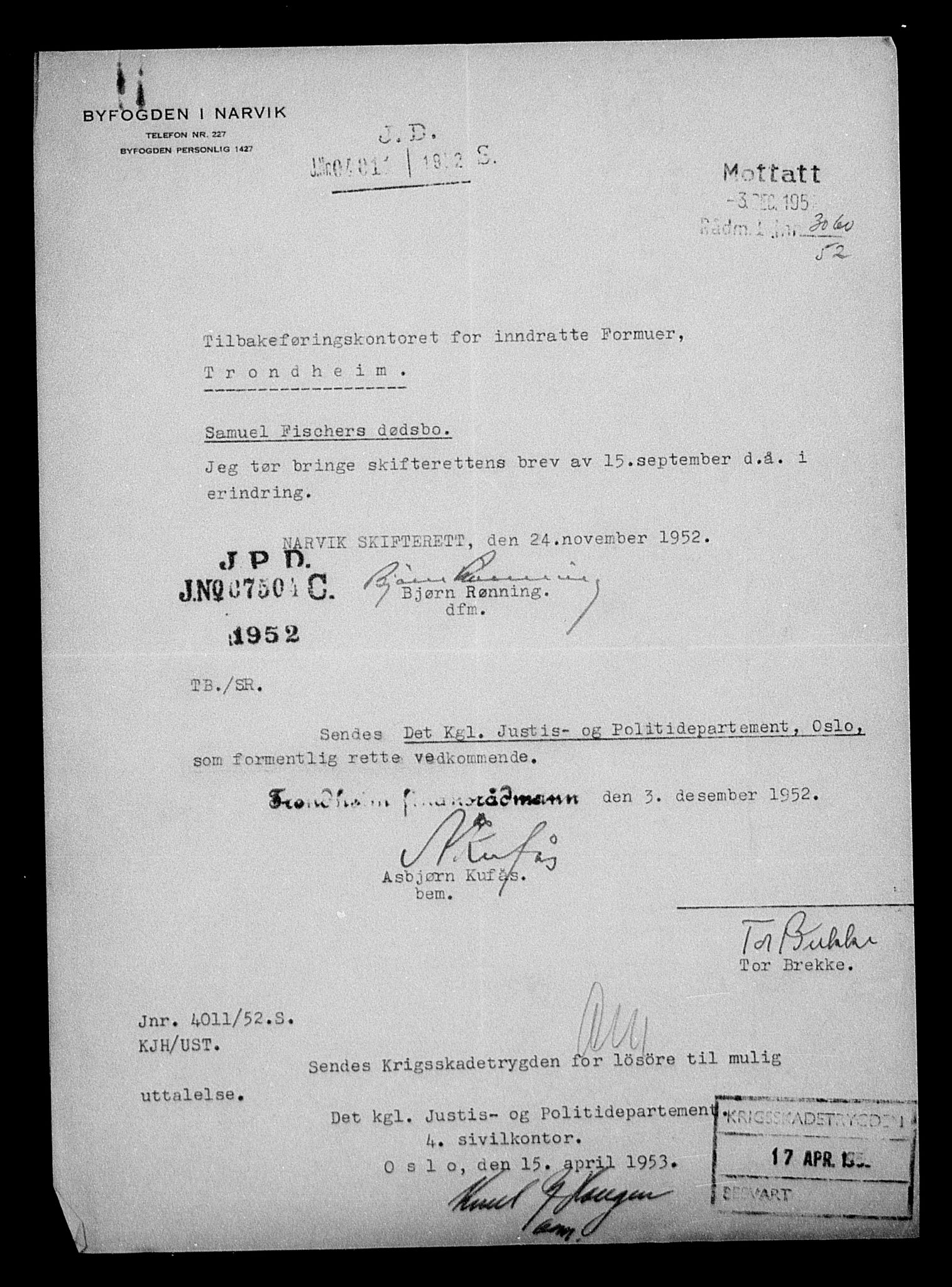 Justisdepartementet, Tilbakeføringskontoret for inndratte formuer, AV/RA-S-1564/H/Hc/Hcb/L0913: --, 1945-1947, p. 9