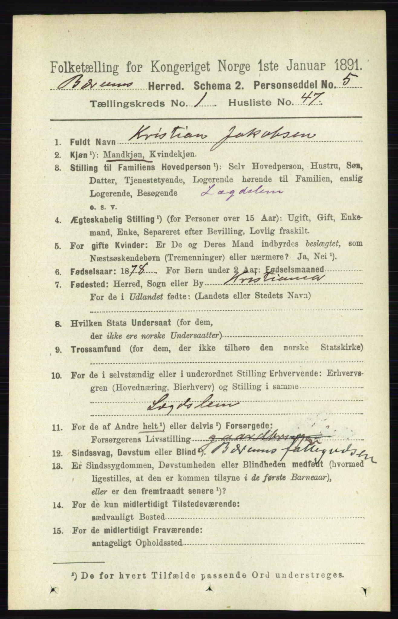 RA, 1891 census for 0219 Bærum, 1891, p. 564