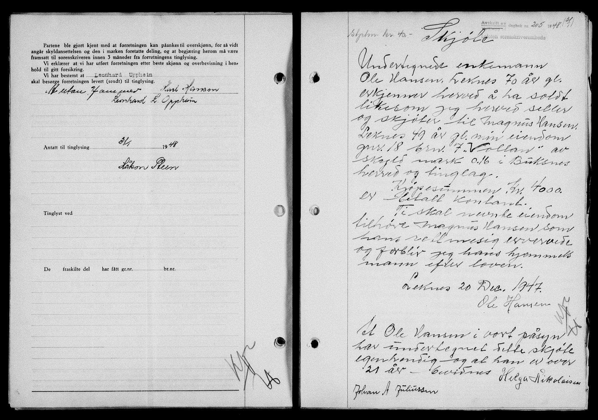 Lofoten sorenskriveri, SAT/A-0017/1/2/2C/L0017a: Mortgage book no. 17a, 1947-1948, Diary no: : 205/1948