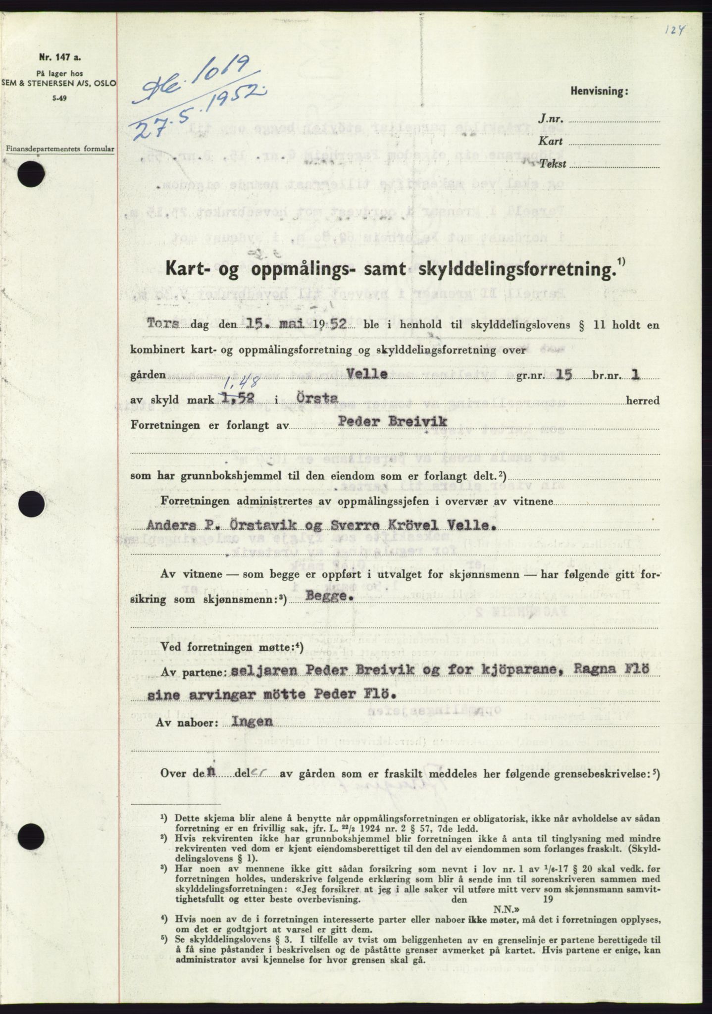 Søre Sunnmøre sorenskriveri, AV/SAT-A-4122/1/2/2C/L0092: Mortgage book no. 18A, 1952-1952, Diary no: : 1019/1952