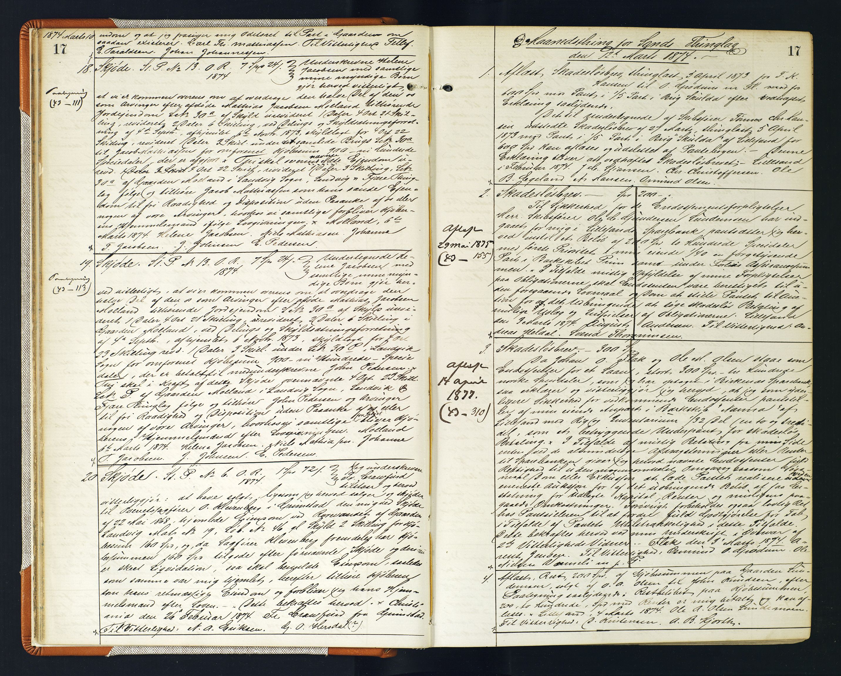 Vestre Nedenes/Sand sorenskriveri, AV/SAK-1221-0010/G/Gb/Gba/L0017: Mortgage book no. 43, 1874-1878, p. 17