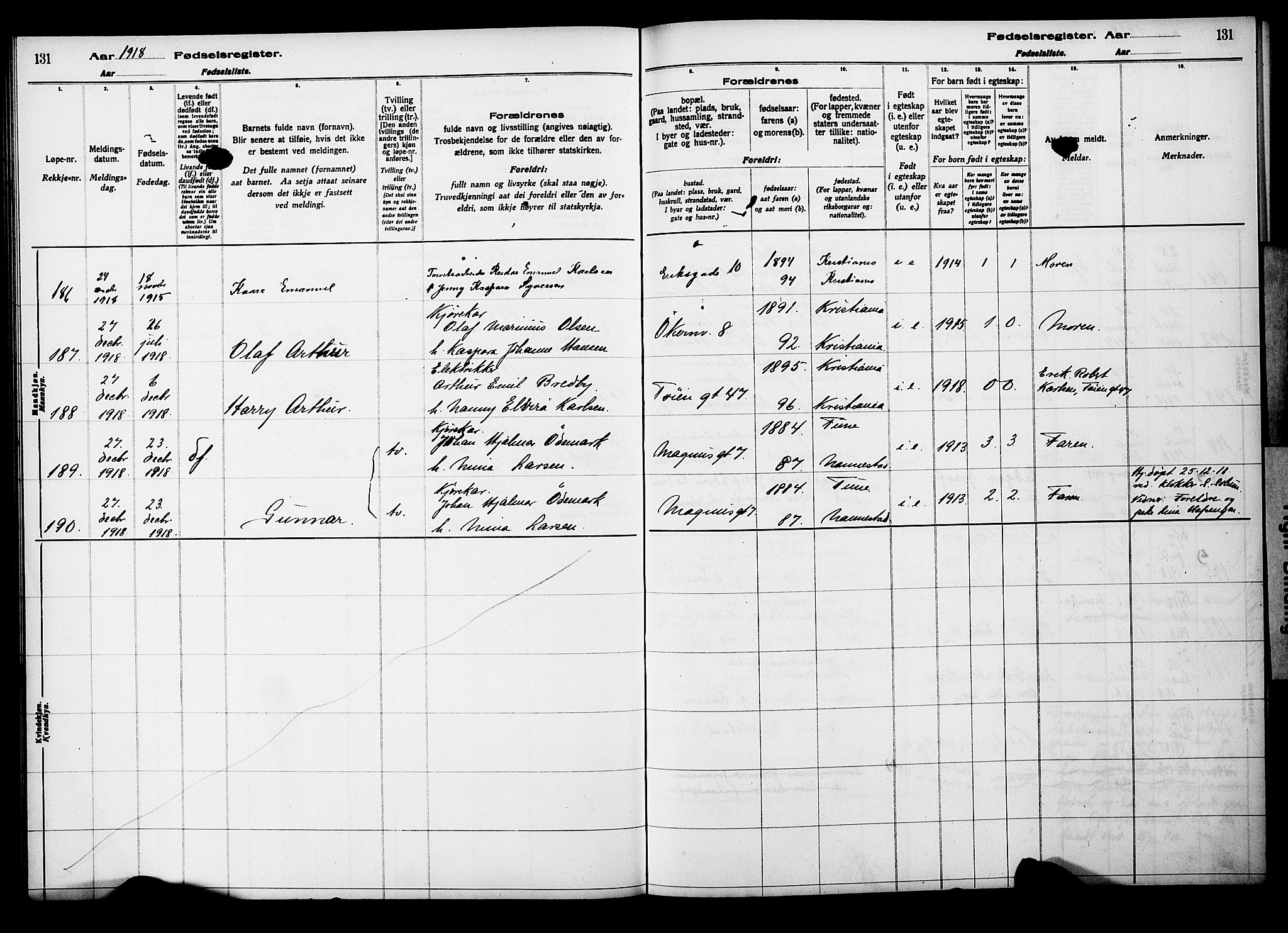 Kampen prestekontor Kirkebøker, AV/SAO-A-10853/J/Ja/L0001: Birth register no. 1, 1916-1920, p. 131