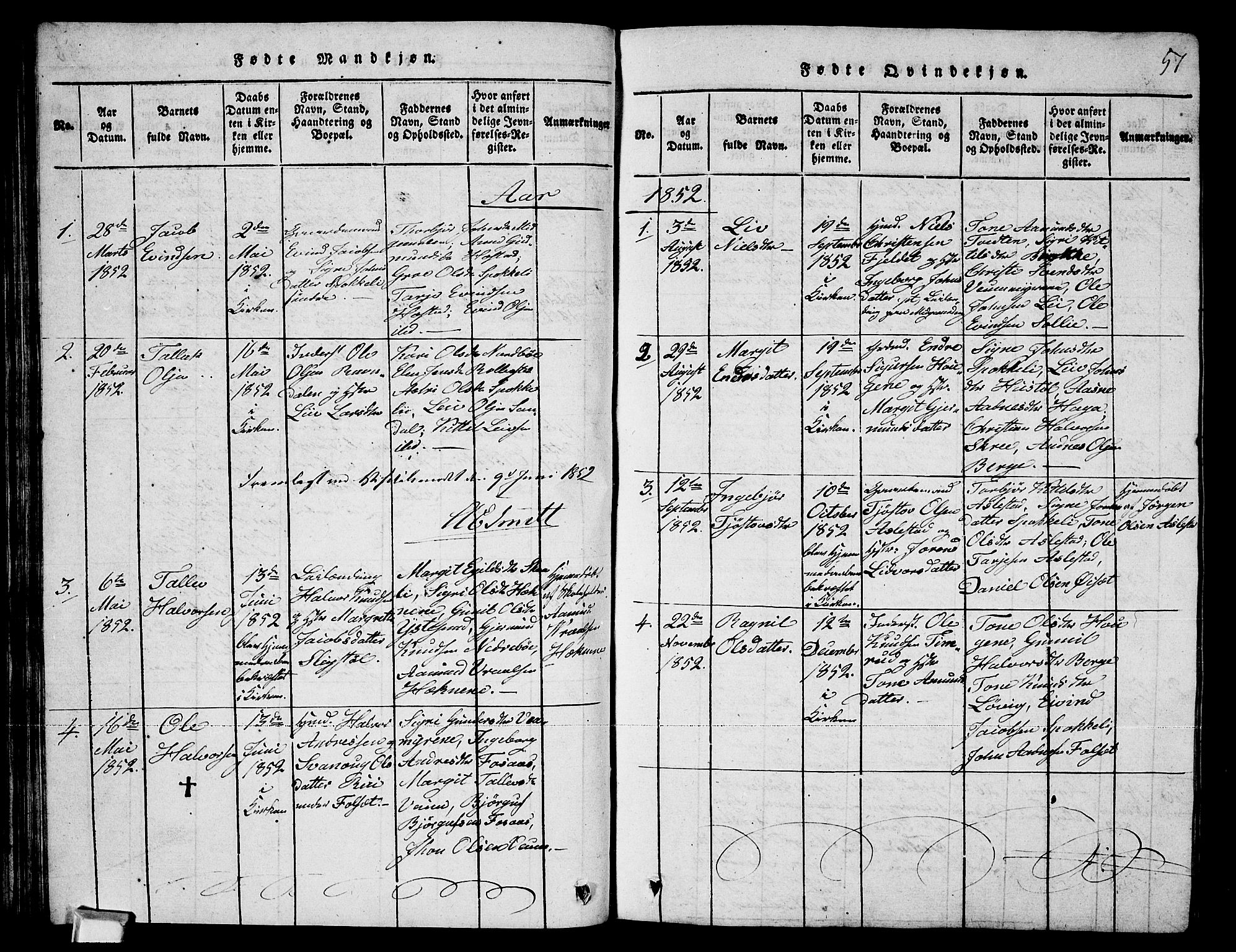 Fyresdal kirkebøker, SAKO/A-263/G/Ga/L0003: Parish register (copy) no. I 3, 1815-1863, p. 57
