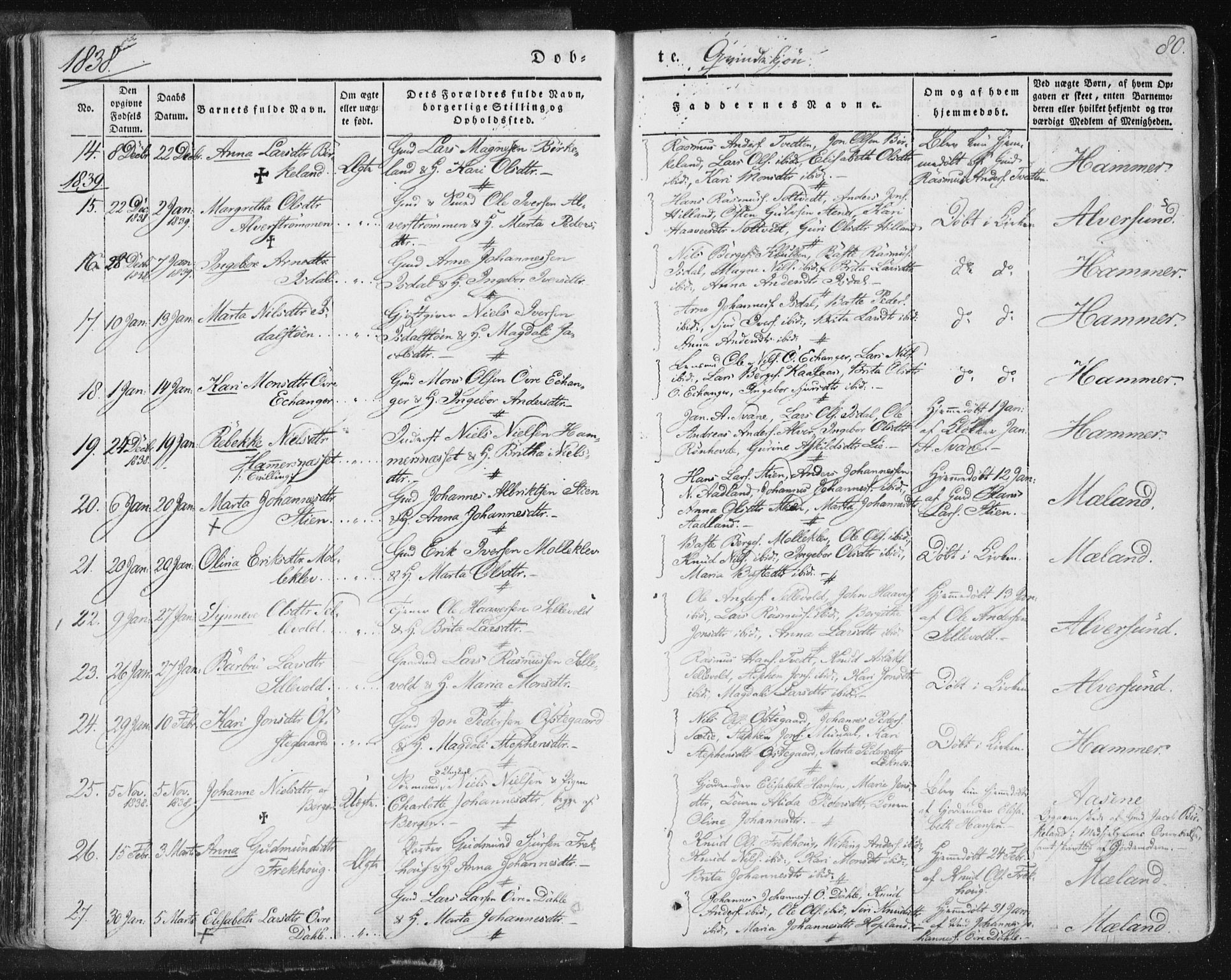 Hamre sokneprestembete, SAB/A-75501/H/Ha/Haa/Haaa/L0012: Parish register (official) no. A 12, 1834-1845, p. 80