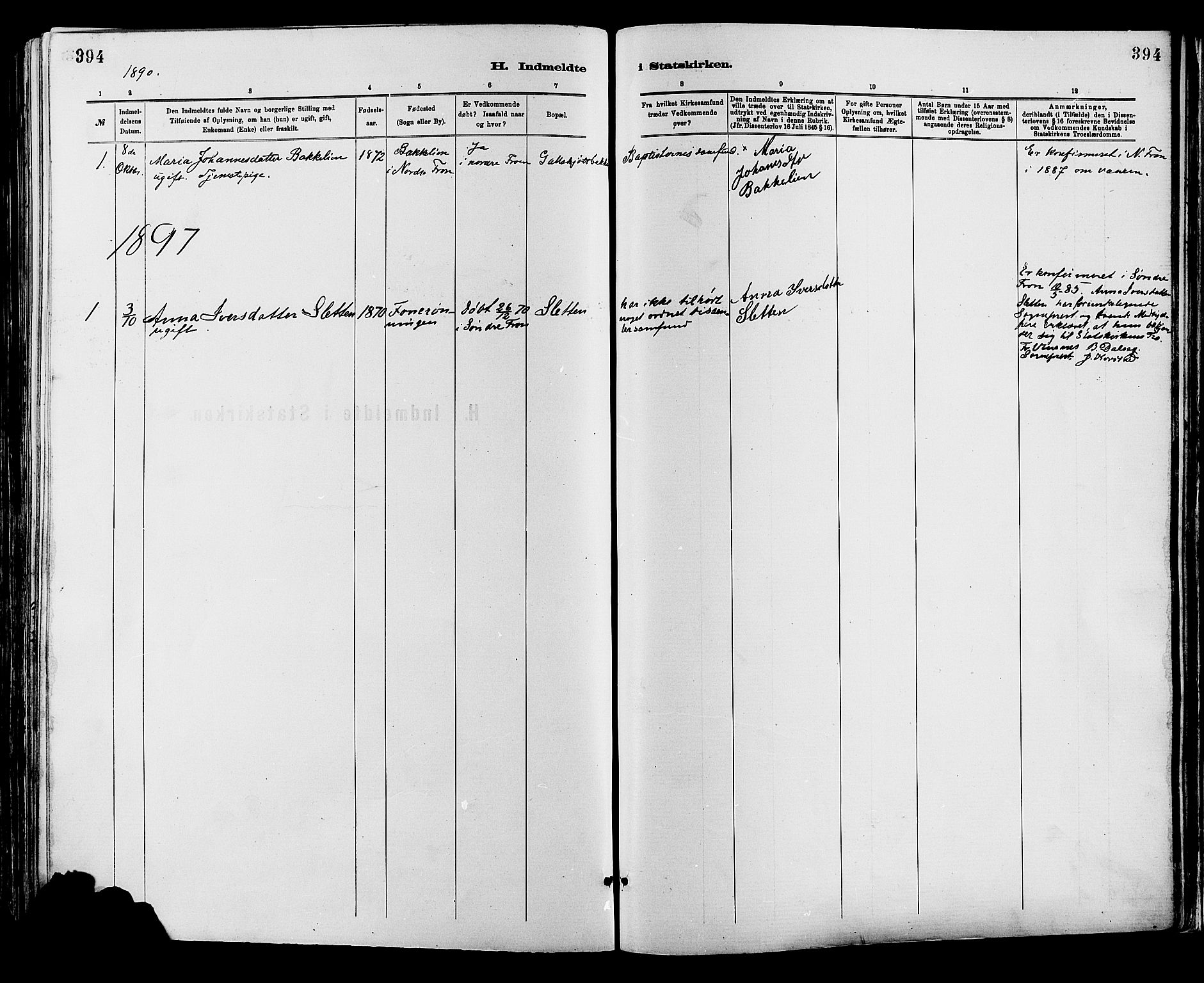 Sør-Fron prestekontor, SAH/PREST-010/H/Ha/Haa/L0003: Parish register (official) no. 3, 1881-1897, p. 394
