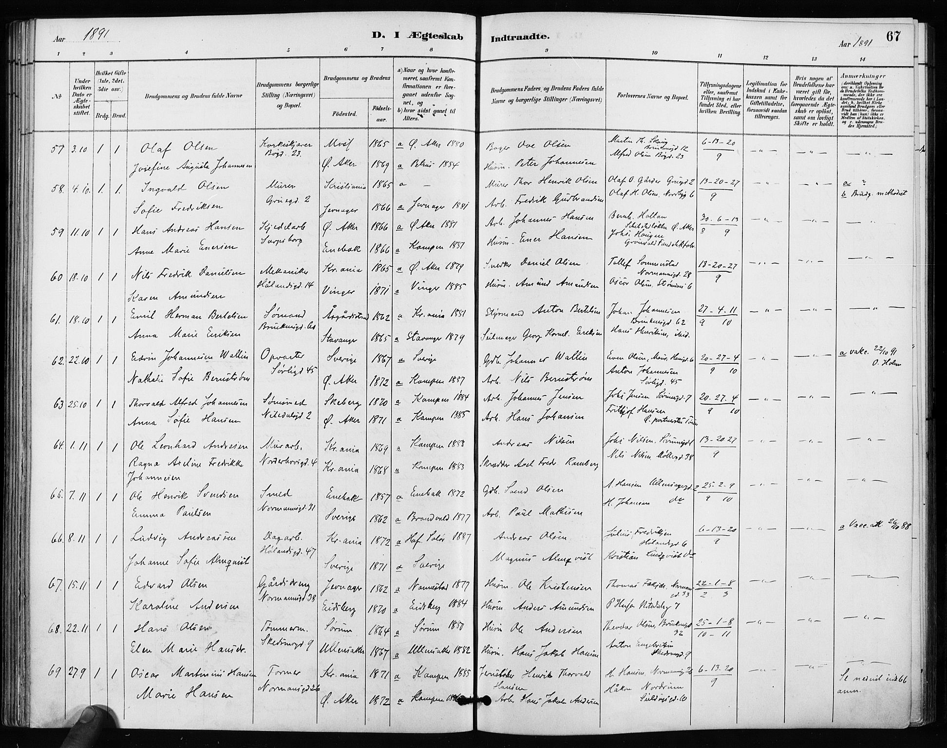 Kampen prestekontor Kirkebøker, SAO/A-10853/F/Fa/L0004: Parish register (official) no. I 4, 1885-1892, p. 67