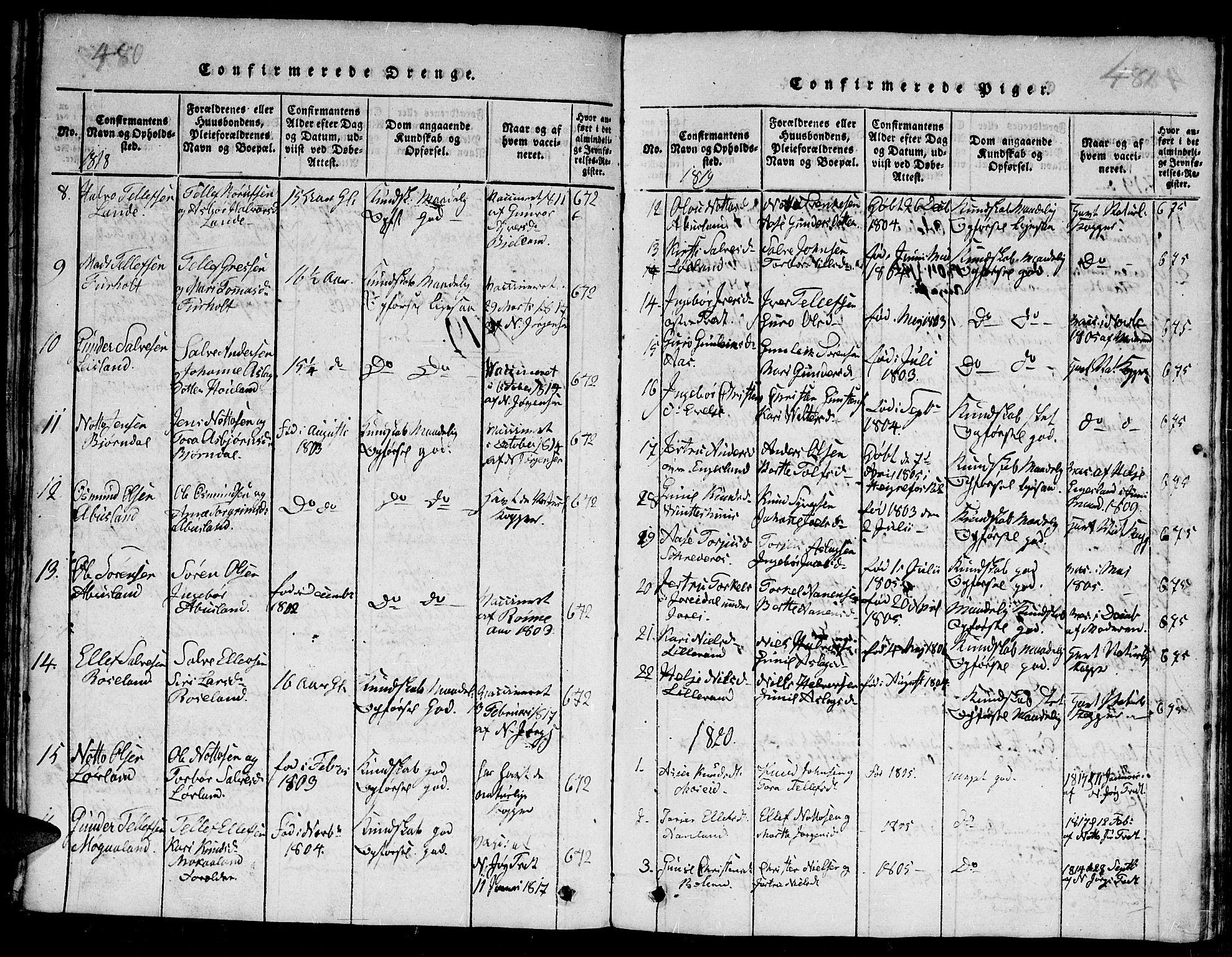 Evje sokneprestkontor, AV/SAK-1111-0008/F/Fb/Fba/L0001: Parish register (copy) no. B 1, 1816-1842, p. 480-481