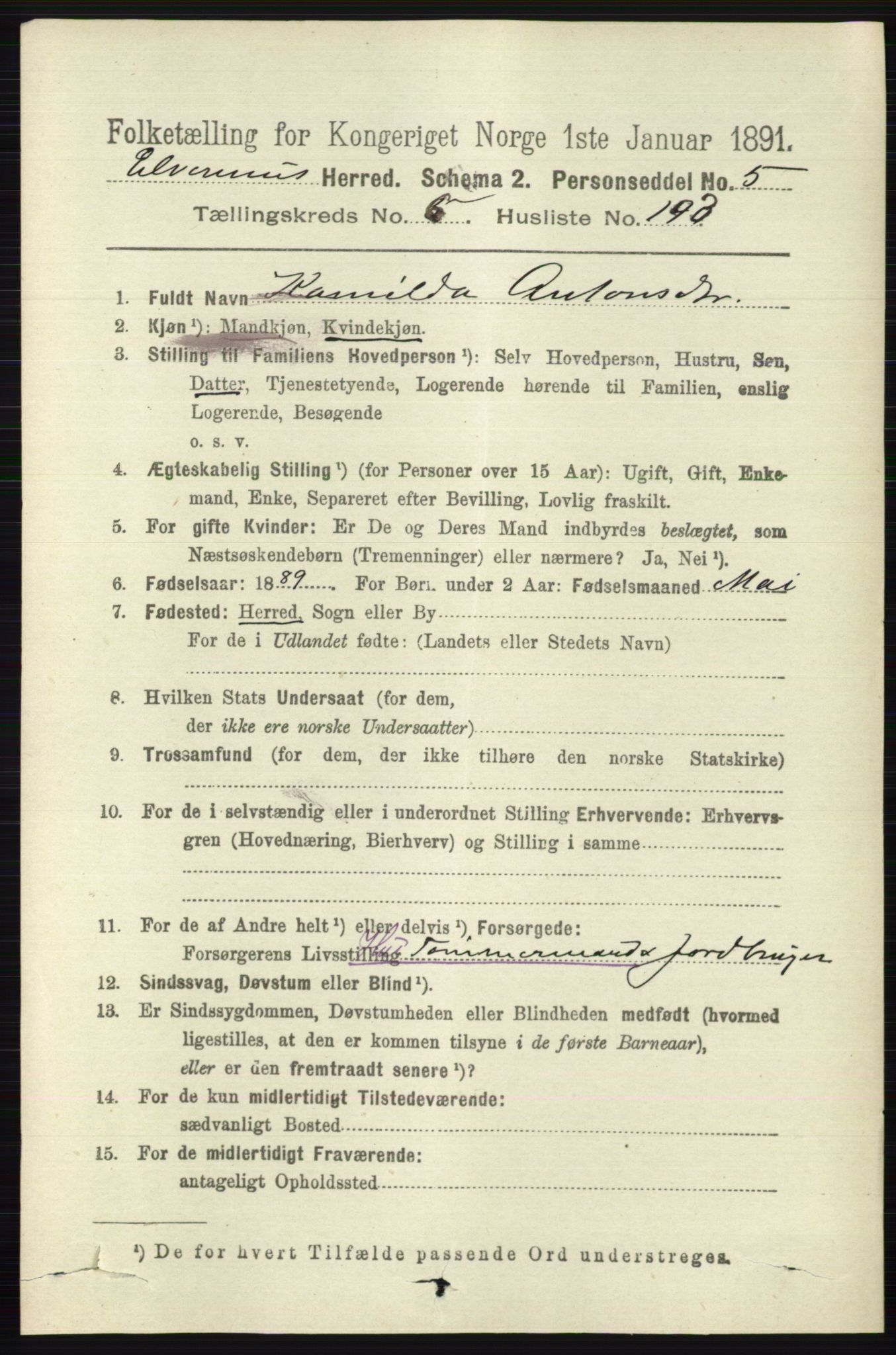 RA, 1891 census for 0427 Elverum, 1891, p. 5446