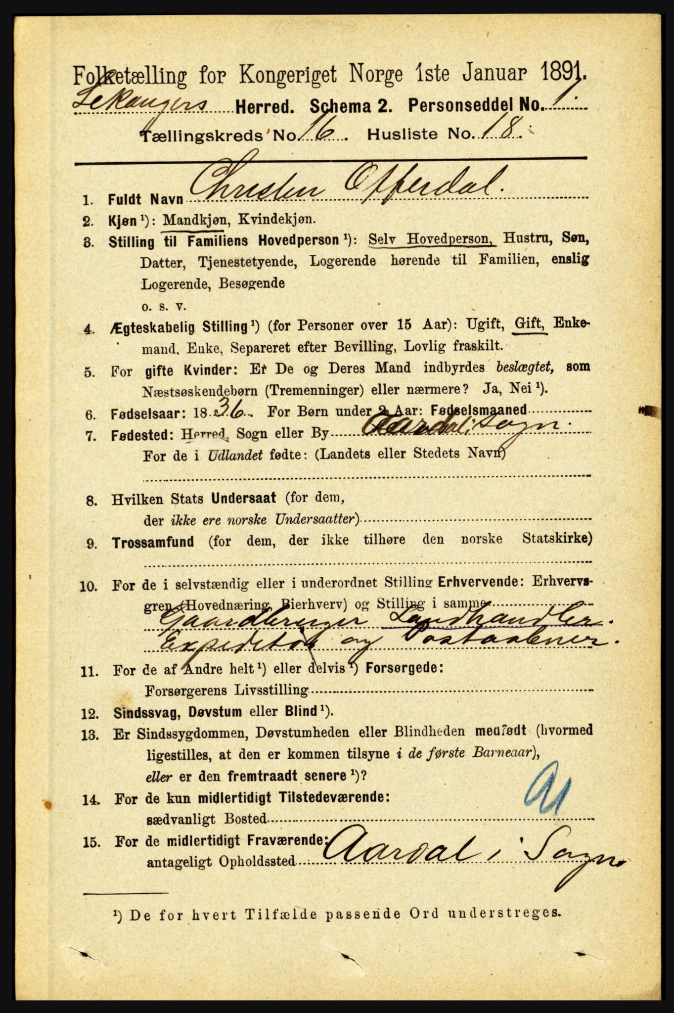 RA, 1891 census for 1419 Leikanger, 1891, p. 3100