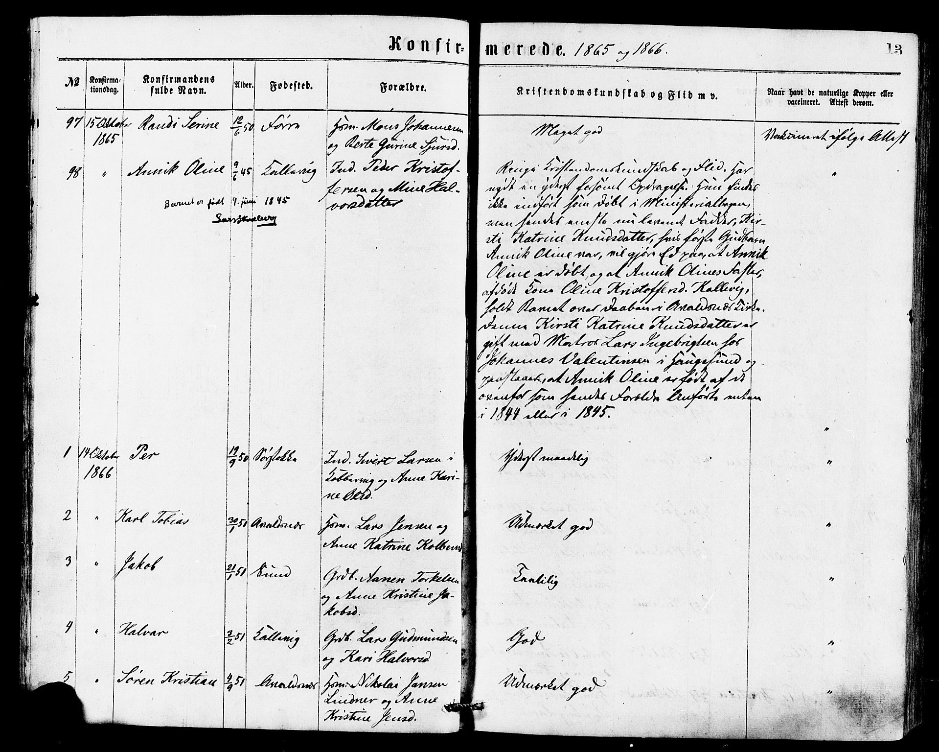 Avaldsnes sokneprestkontor, SAST/A -101851/H/Ha/Haa/L0012: Parish register (official) no. A 12, 1865-1880, p. 13