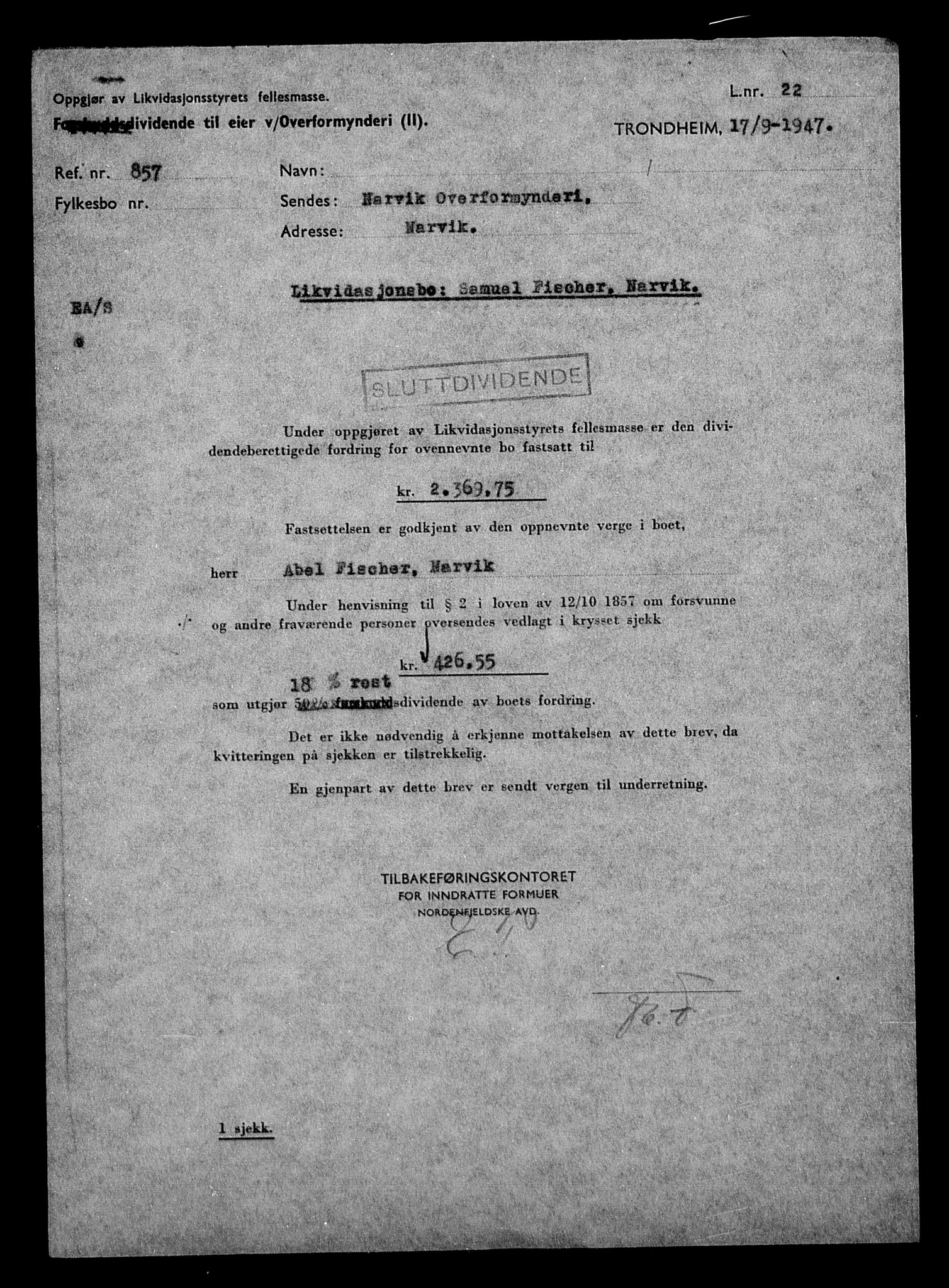 Justisdepartementet, Tilbakeføringskontoret for inndratte formuer, AV/RA-S-1564/H/Hc/Hcb/L0913: --, 1945-1947, p. 35