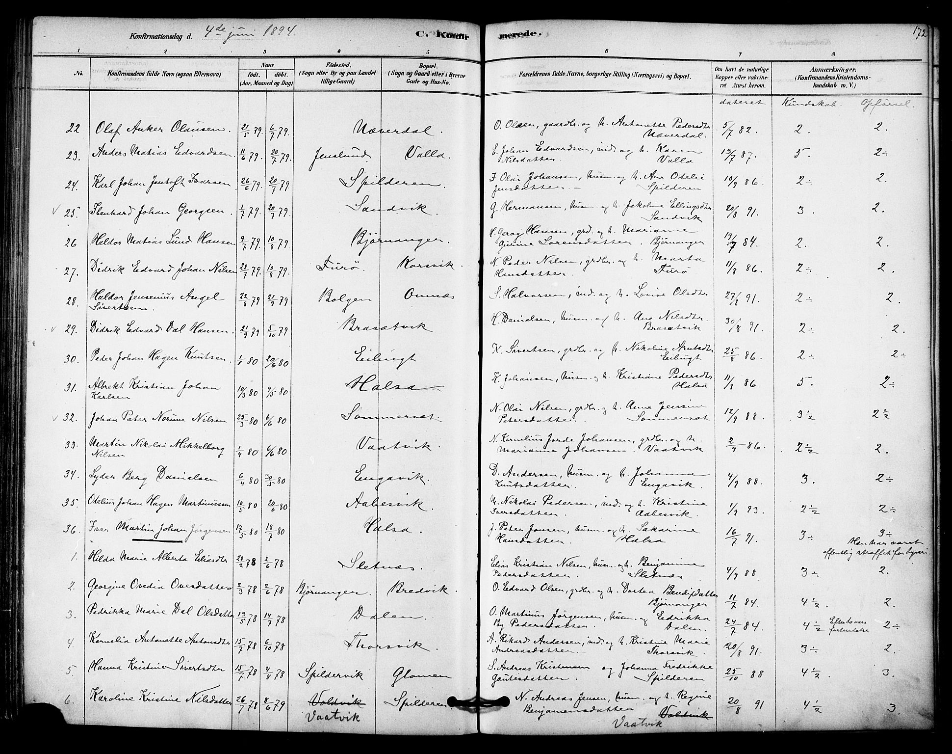 Ministerialprotokoller, klokkerbøker og fødselsregistre - Nordland, SAT/A-1459/843/L0626: Parish register (official) no. 843A01, 1878-1907, p. 172