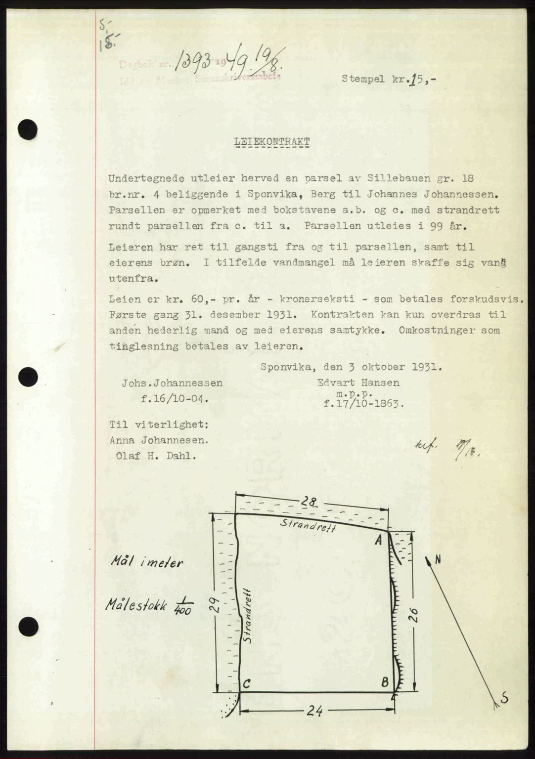 Idd og Marker sorenskriveri, AV/SAO-A-10283/G/Gb/Gbb/L0012: Mortgage book no. A12, 1949-1949, Diary no: : 1393/1949