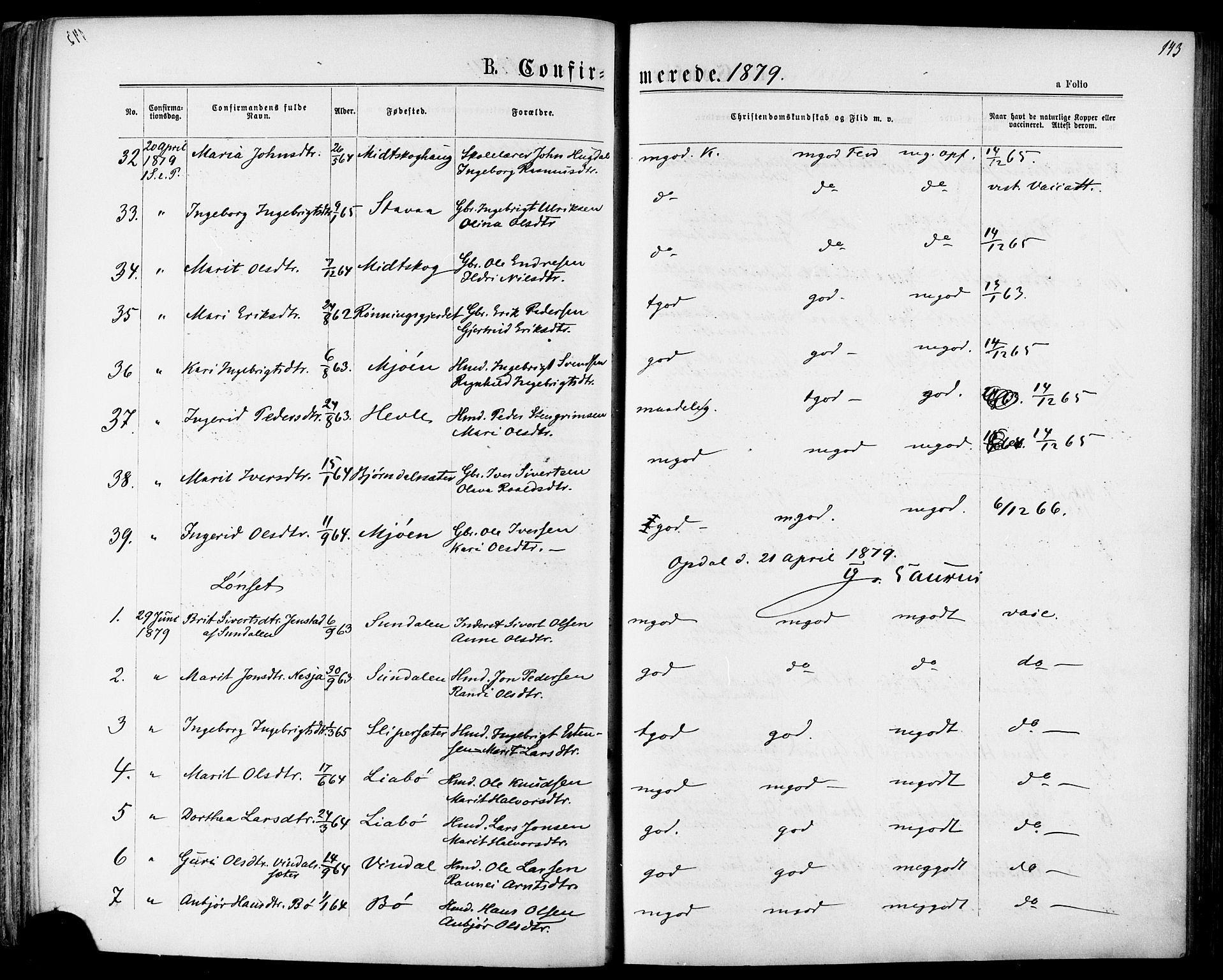 Ministerialprotokoller, klokkerbøker og fødselsregistre - Sør-Trøndelag, SAT/A-1456/678/L0900: Parish register (official) no. 678A09, 1872-1881, p. 143