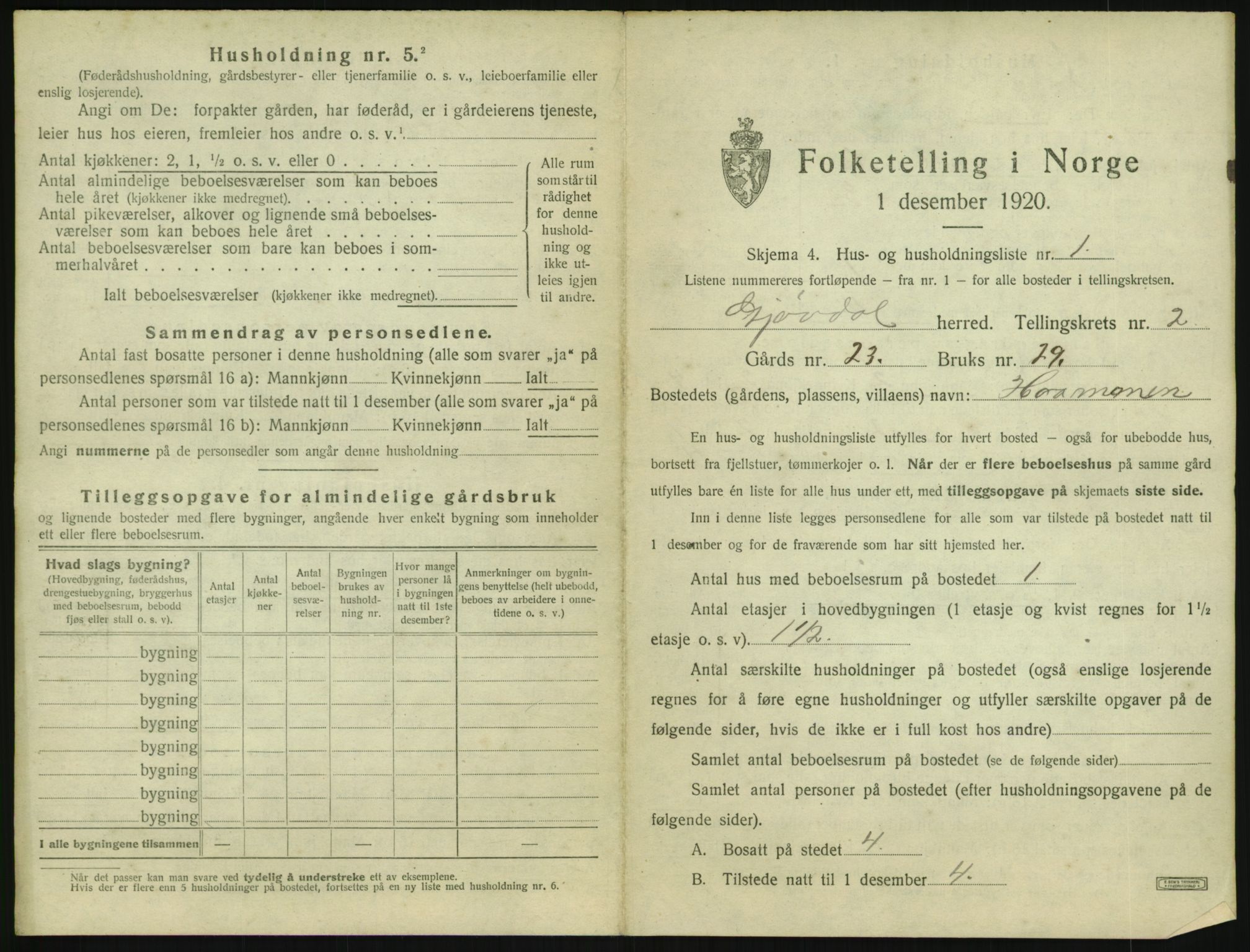 SAK, 1920 census for Gjøvdal, 1920, p. 124