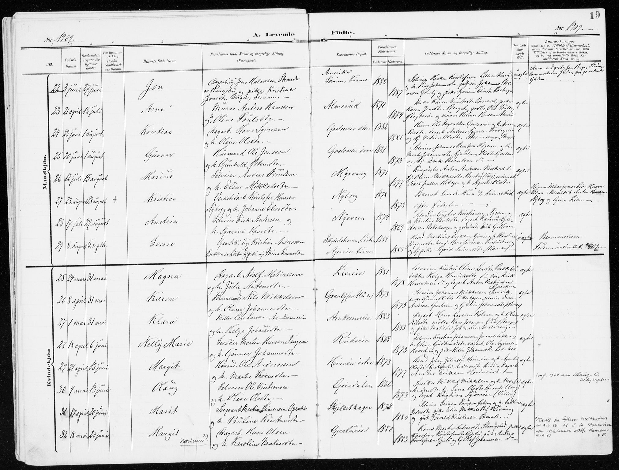 Furnes prestekontor, AV/SAH-PREST-012/K/Ka/L0001: Parish register (official) no. 1, 1907-1935, p. 19