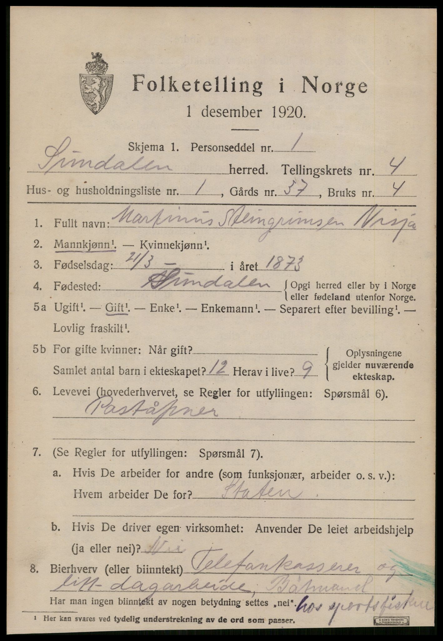 SAT, 1920 census for Sunndal, 1920, p. 2478