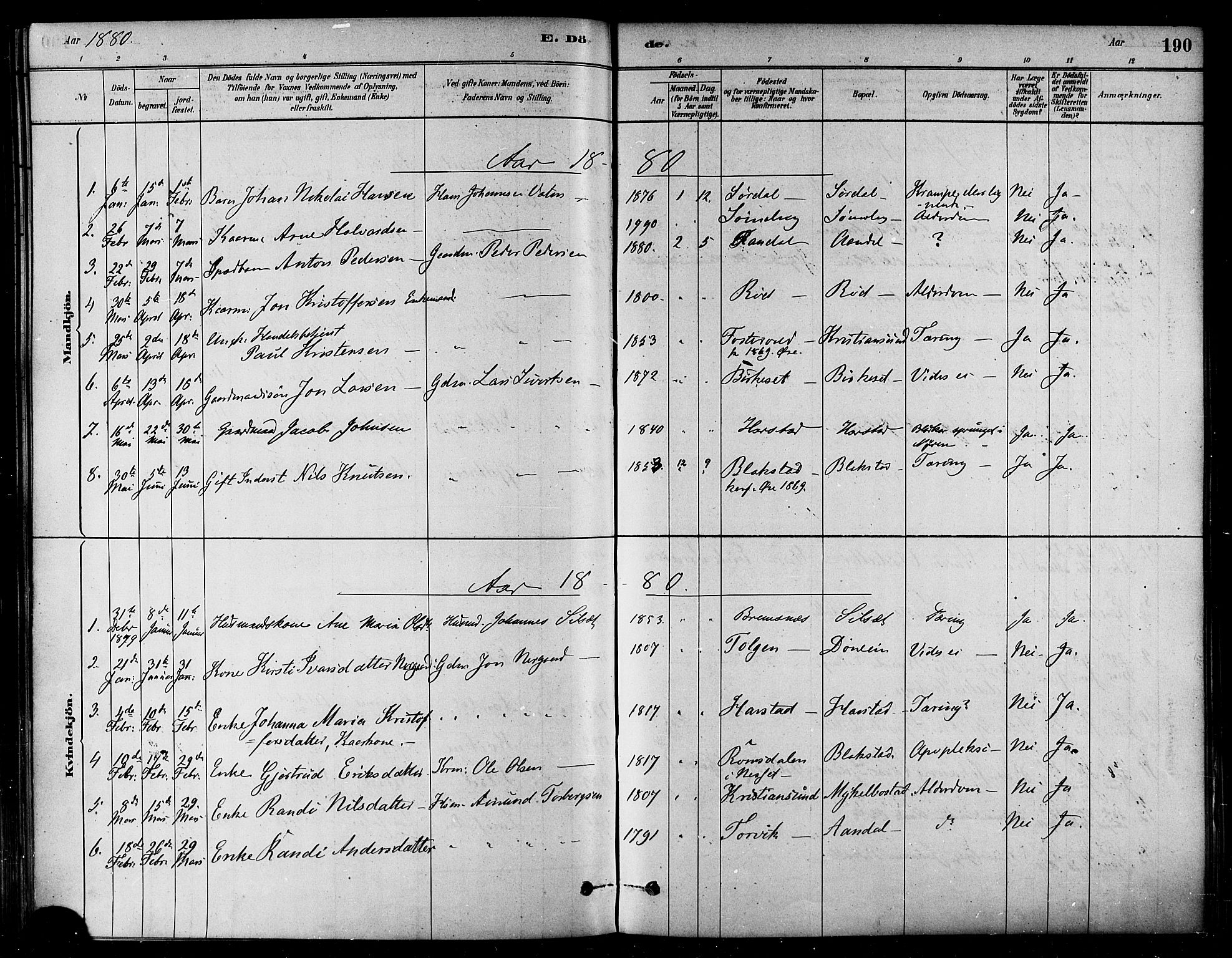 Ministerialprotokoller, klokkerbøker og fødselsregistre - Møre og Romsdal, AV/SAT-A-1454/584/L0967: Parish register (official) no. 584A07, 1879-1894, p. 190