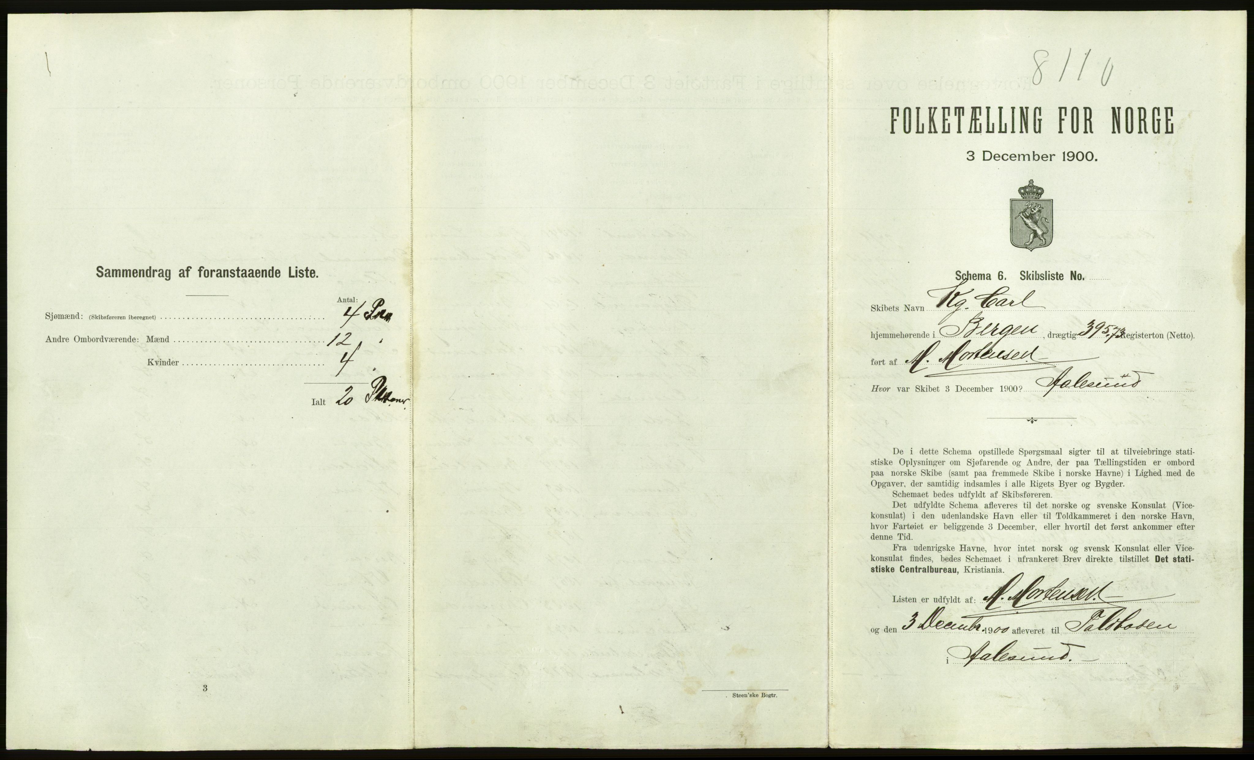 RA, 1900 Census - ship lists from ships in Norwegian harbours, harbours abroad and at sea, 1900, p. 1497