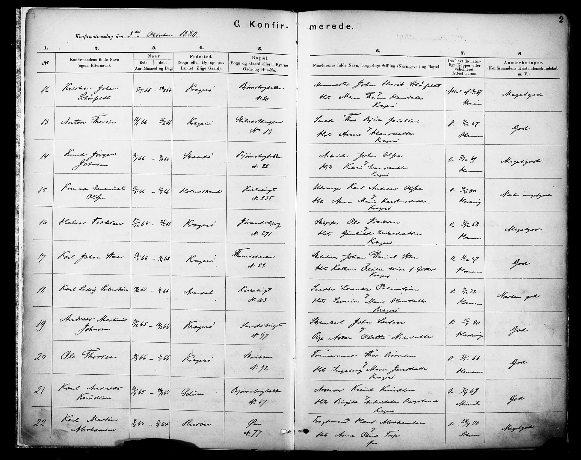 Kragerø kirkebøker, AV/SAKO-A-278/F/Fa/L0012: Parish register (official) no. 12, 1880-1904, p. 2