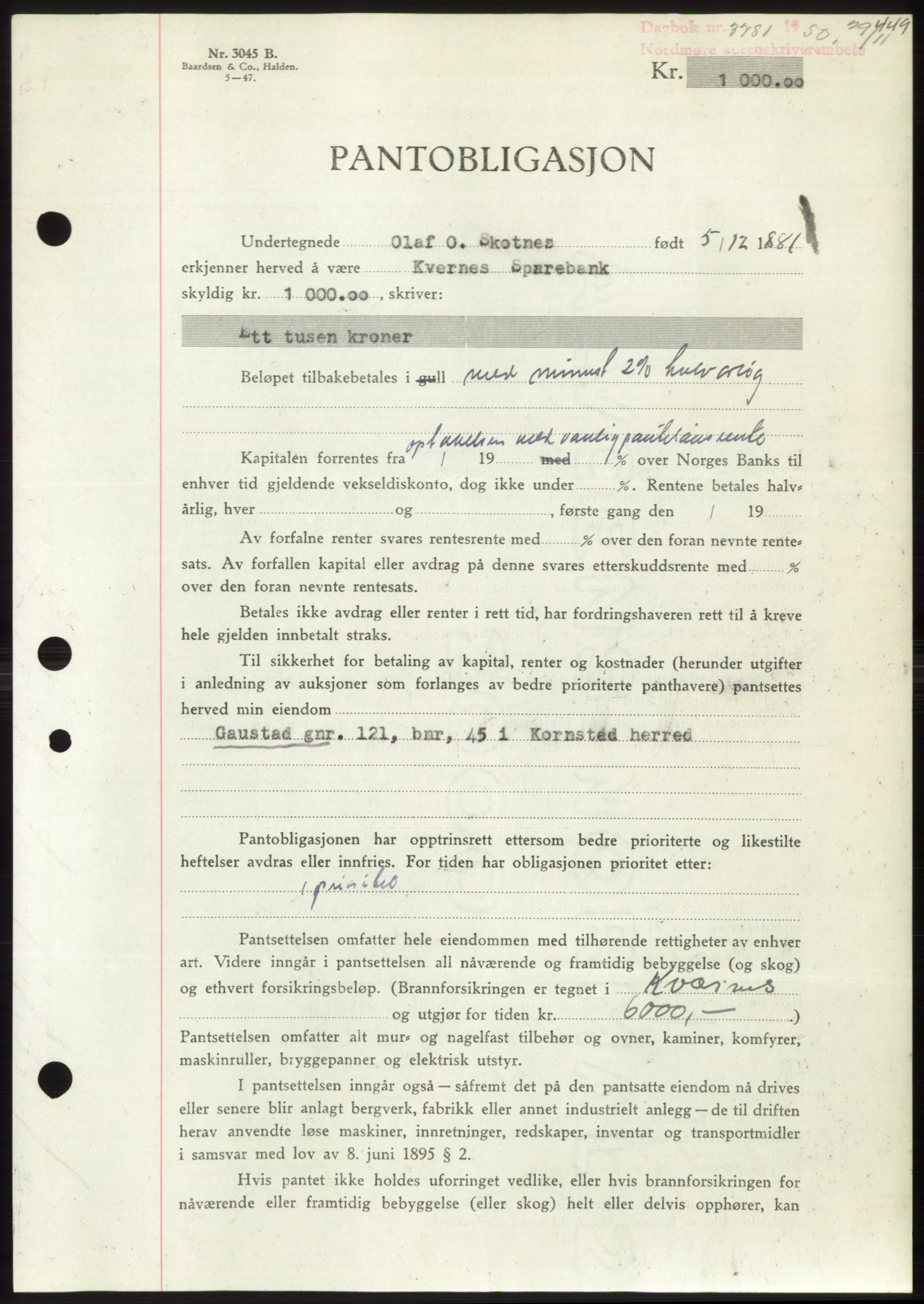 Nordmøre sorenskriveri, AV/SAT-A-4132/1/2/2Ca: Mortgage book no. B106, 1950-1950, Diary no: : 3781/1950