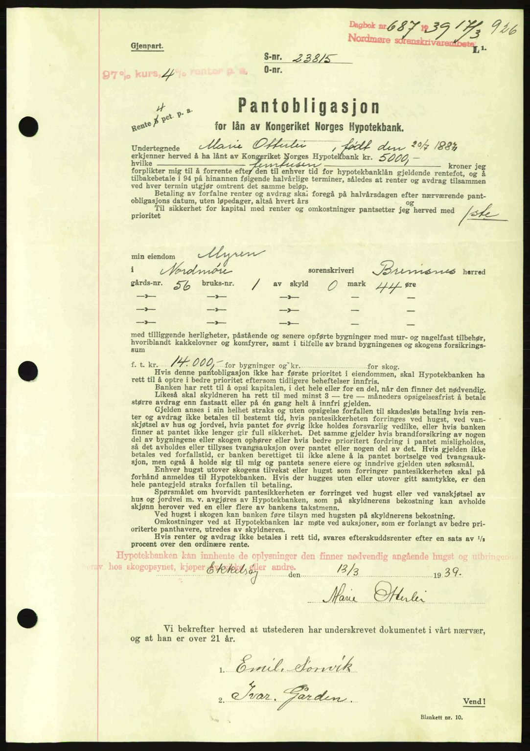 Nordmøre sorenskriveri, AV/SAT-A-4132/1/2/2Ca: Mortgage book no. B84, 1938-1939, Diary no: : 687/1939