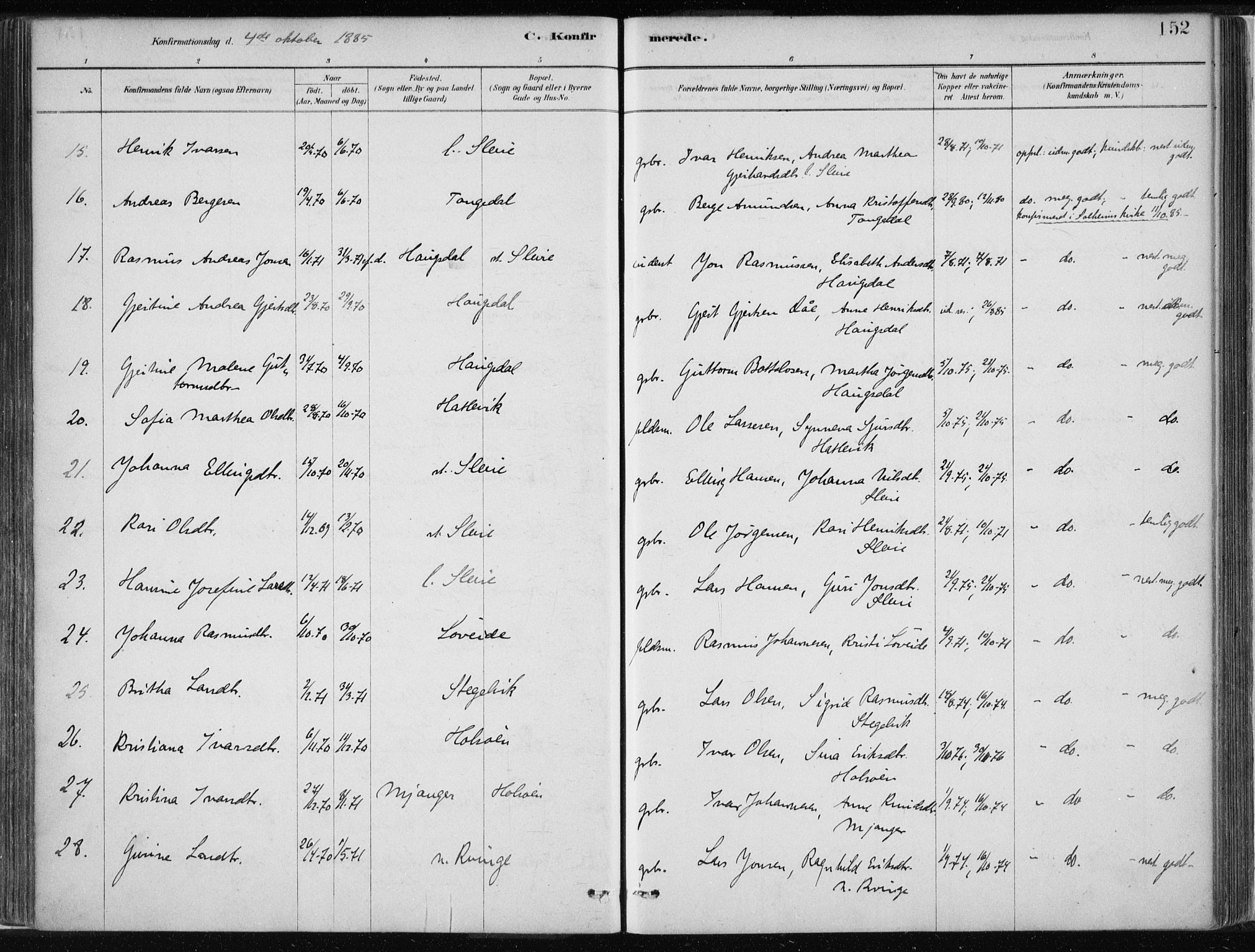 Masfjorden Sokneprestembete, SAB/A-77001: Parish register (official) no. B  1, 1876-1899, p. 152
