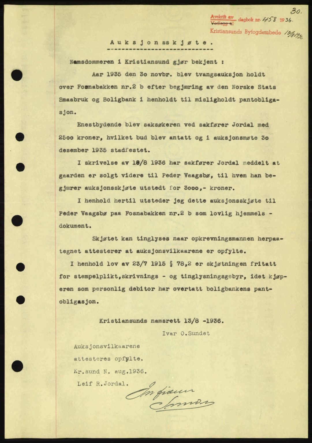 Kristiansund byfogd, AV/SAT-A-4587/A/27: Mortgage book no. 30, 1936-1941, Diary no: : 458/1936