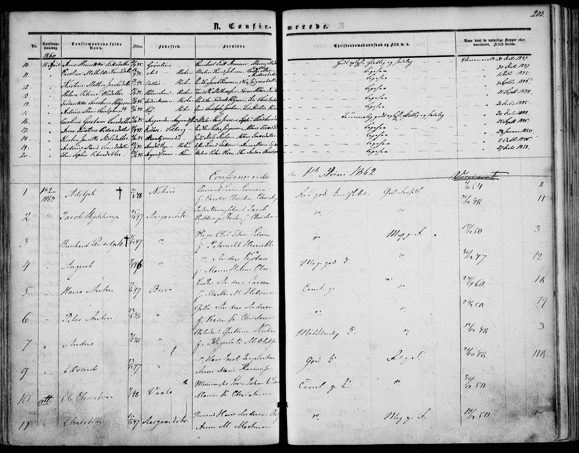 Borre kirkebøker, SAKO/A-338/F/Fa/L0006: Parish register (official) no. I 6, 1852-1862, p. 203
