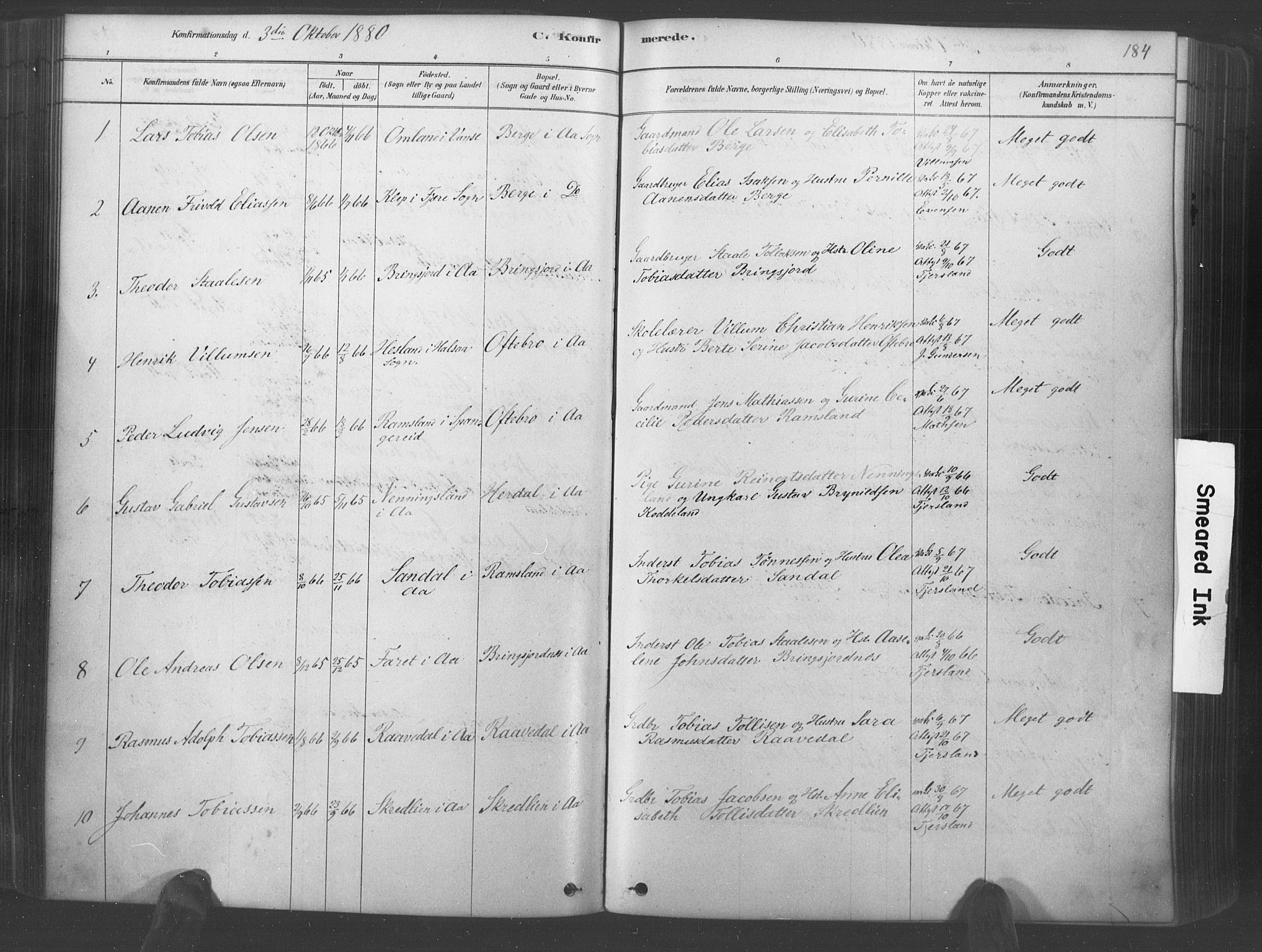 Lyngdal sokneprestkontor, AV/SAK-1111-0029/F/Fa/Fac/L0011: Parish register (official) no. A 11, 1878-1893, p. 184