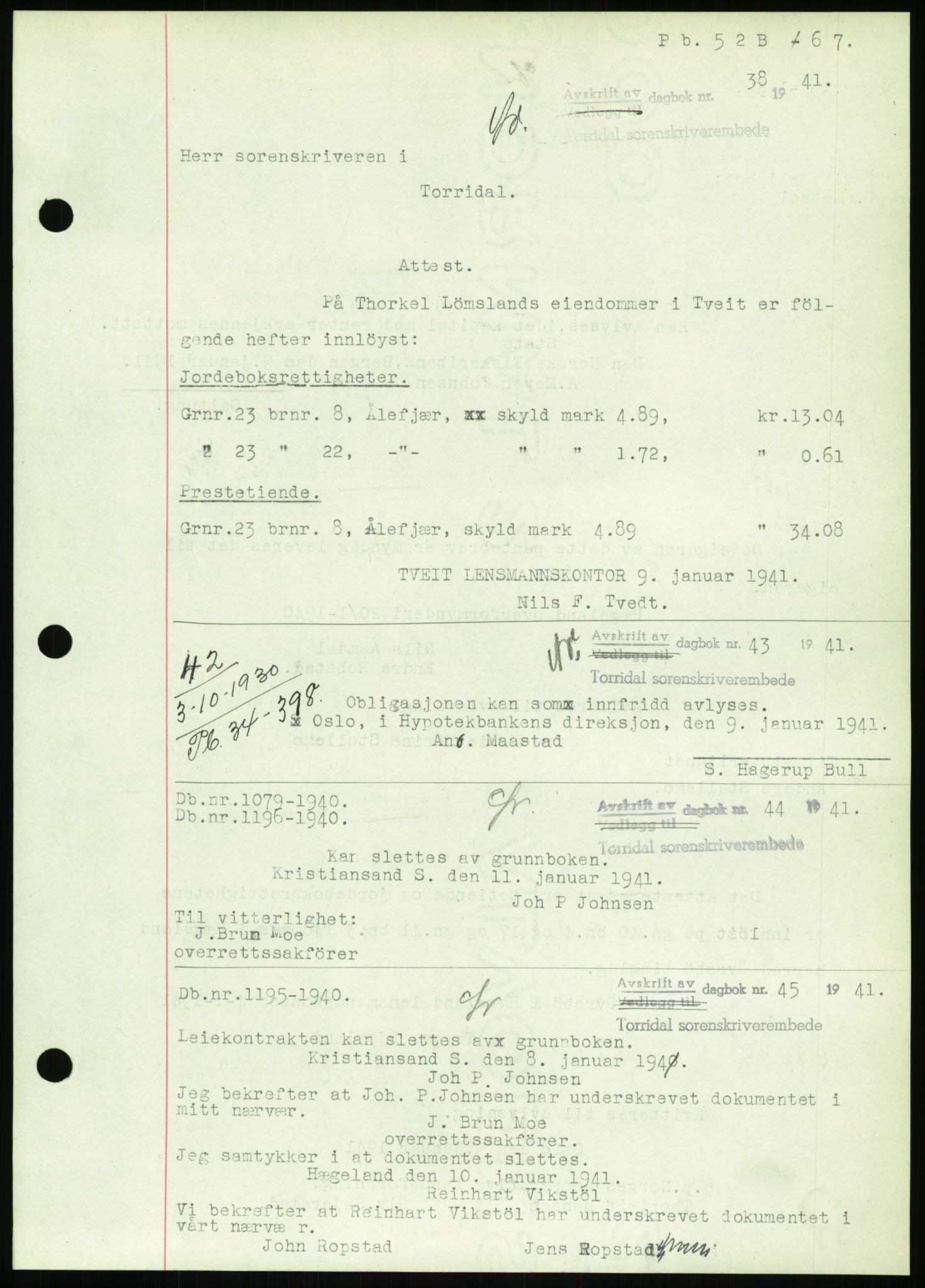 Torridal sorenskriveri, SAK/1221-0012/G/Gb/Gbb/L0008: Mortgage book no. 52b, 1940-1942, Diary no: : 38/1941