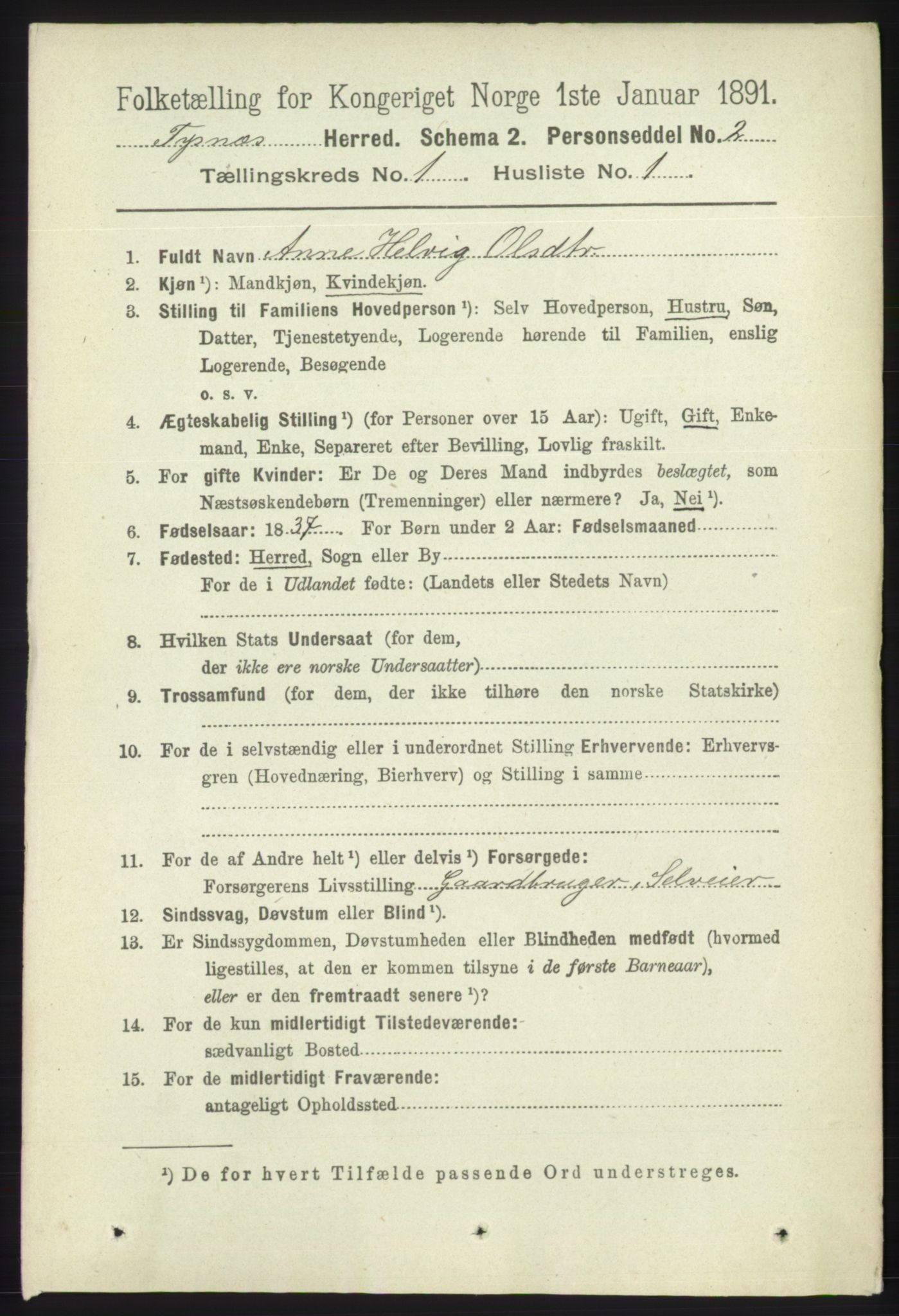 RA, 1891 census for 1223 Tysnes, 1891, p. 89