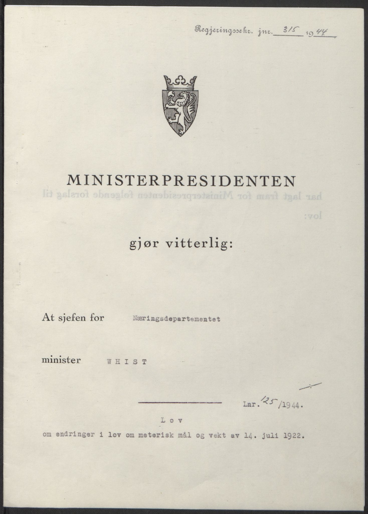 NS-administrasjonen 1940-1945 (Statsrådsekretariatet, de kommisariske statsråder mm), RA/S-4279/D/Db/L0100: Lover, 1944, p. 590