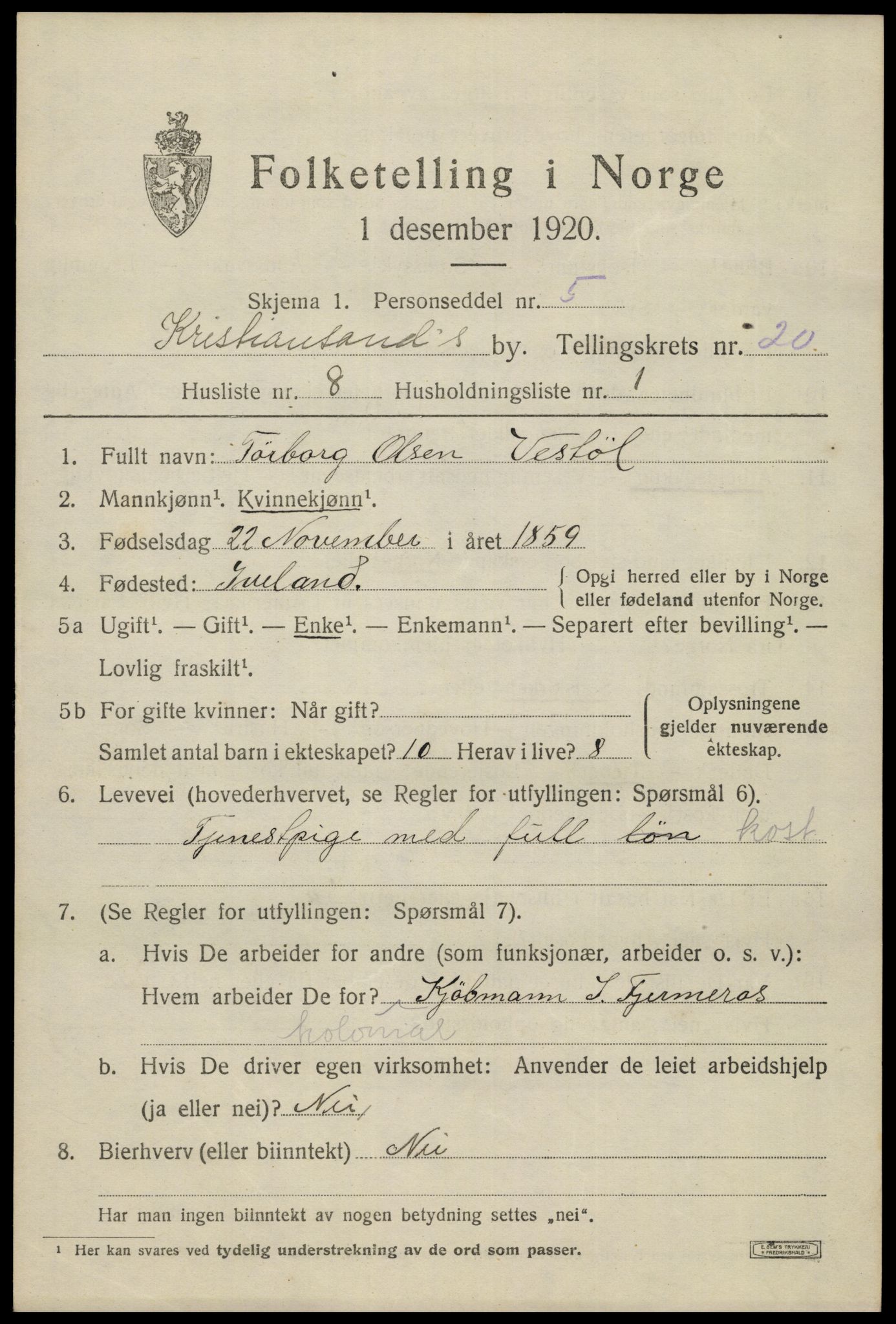 SAK, 1920 census for Kristiansand, 1920, p. 35865