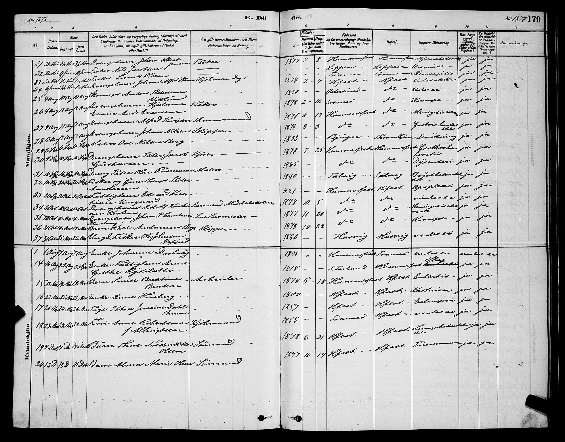 Hammerfest sokneprestkontor, AV/SATØ-S-1347/H/Hb/L0006.klokk: Parish register (copy) no. 6, 1876-1884, p. 179