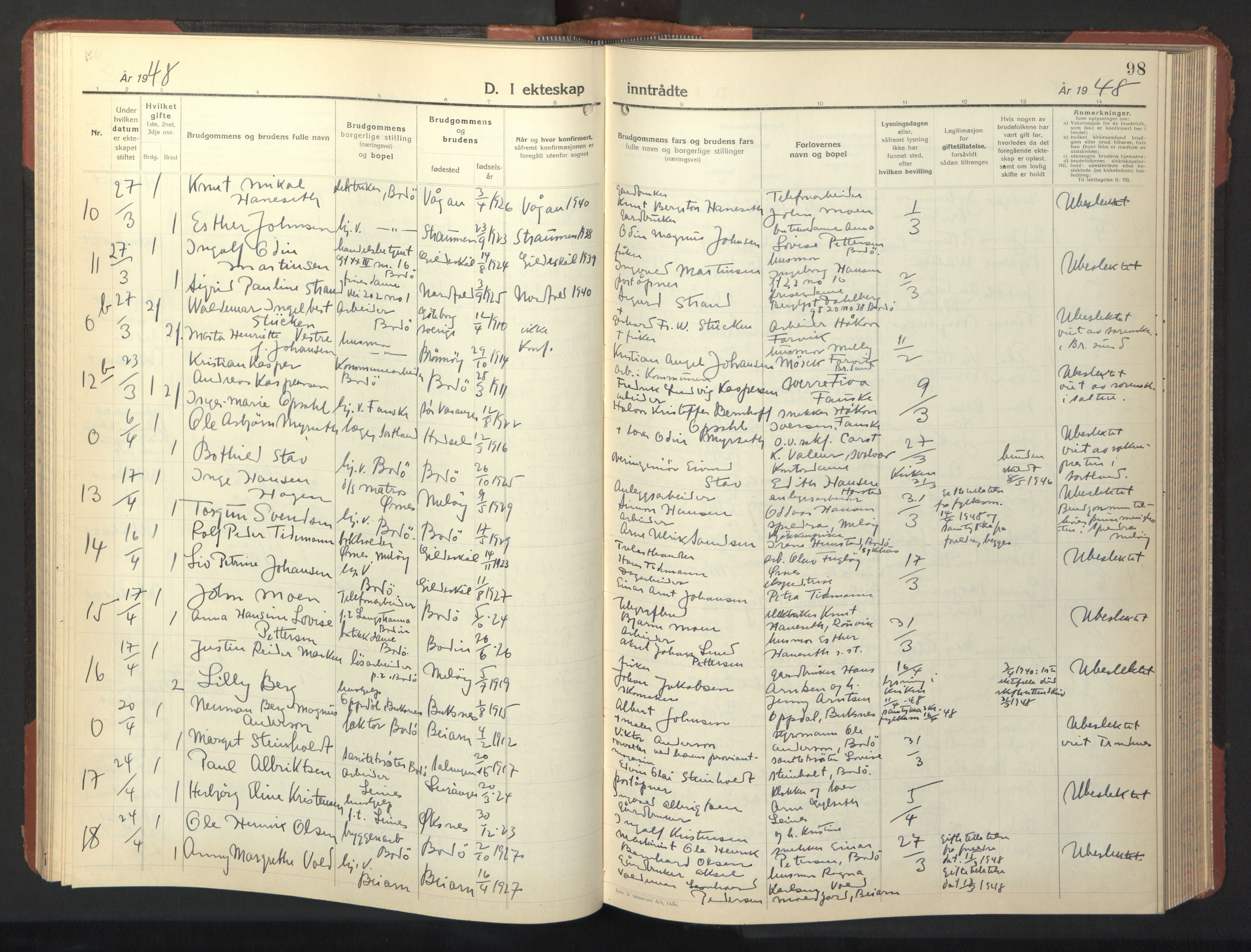 Ministerialprotokoller, klokkerbøker og fødselsregistre - Nordland, AV/SAT-A-1459/801/L0038: Parish register (copy) no. 801C13, 1935-1951, p. 98