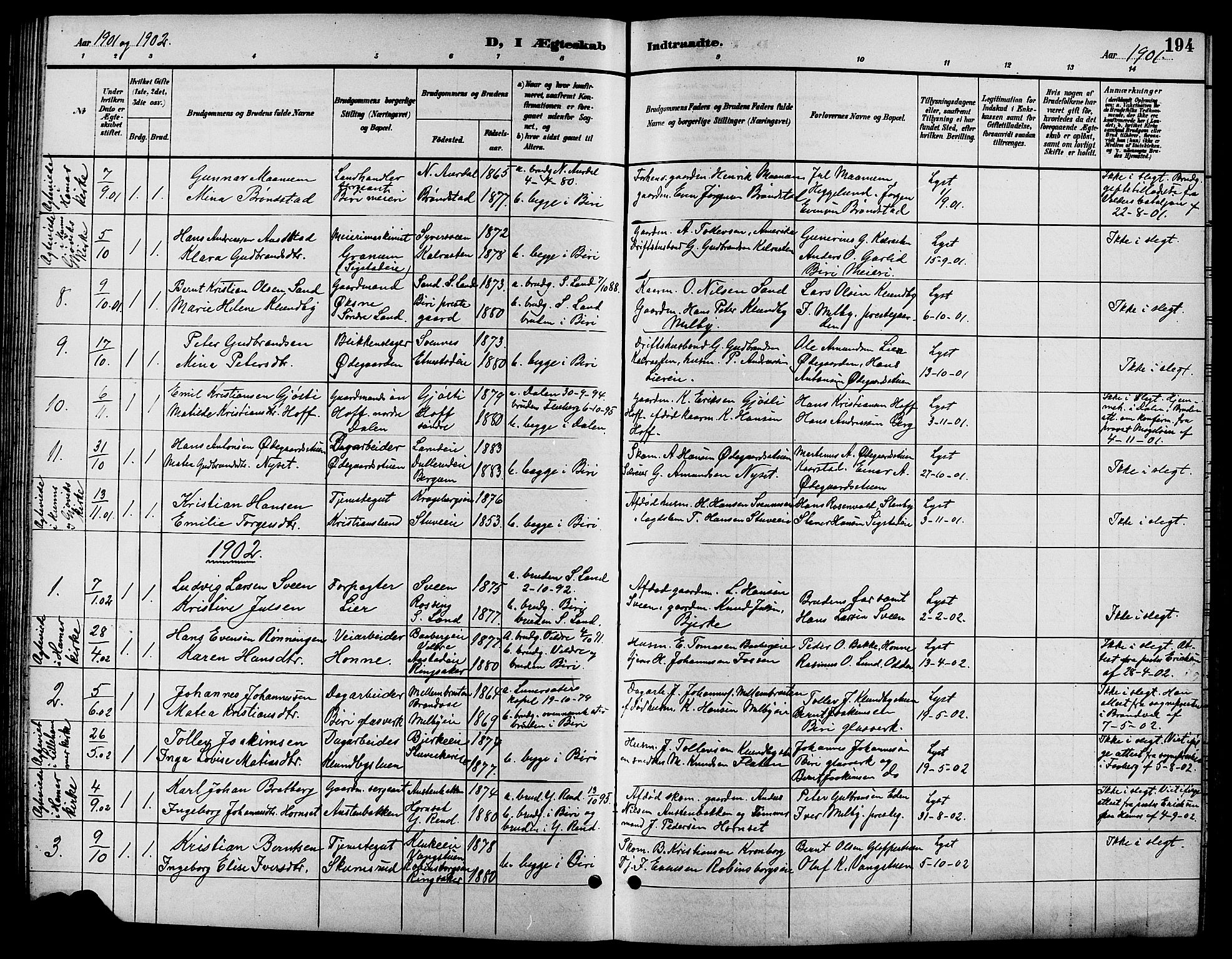 Biri prestekontor, SAH/PREST-096/H/Ha/Hab/L0004: Parish register (copy) no. 4, 1892-1909, p. 194
